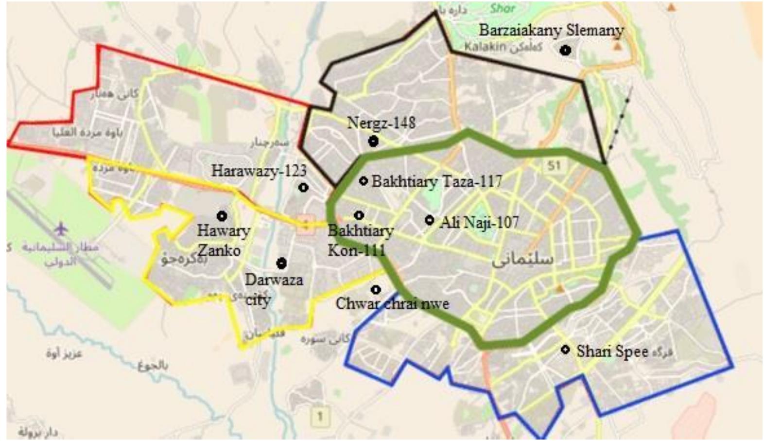 Fig. 5, Sulaimaniyah Municipality border and selected neighbourhood units (Prepared by the researcher)  Ten residential neighbourhood units in Sulaimanyah city randomly in the governmental anc investment sectors were selected to be evaluated (fig 5); in the government sector they were (Harawazy, Ali Naji, Bakhtiary Taza, Bakhtiary Kon, and Nergz), and in the investment sector they  were (Darwaza City, Shari Spee City, Chawr Chrai Nwe City, Hawari Zanko, and Barzaiakany Slemany). 