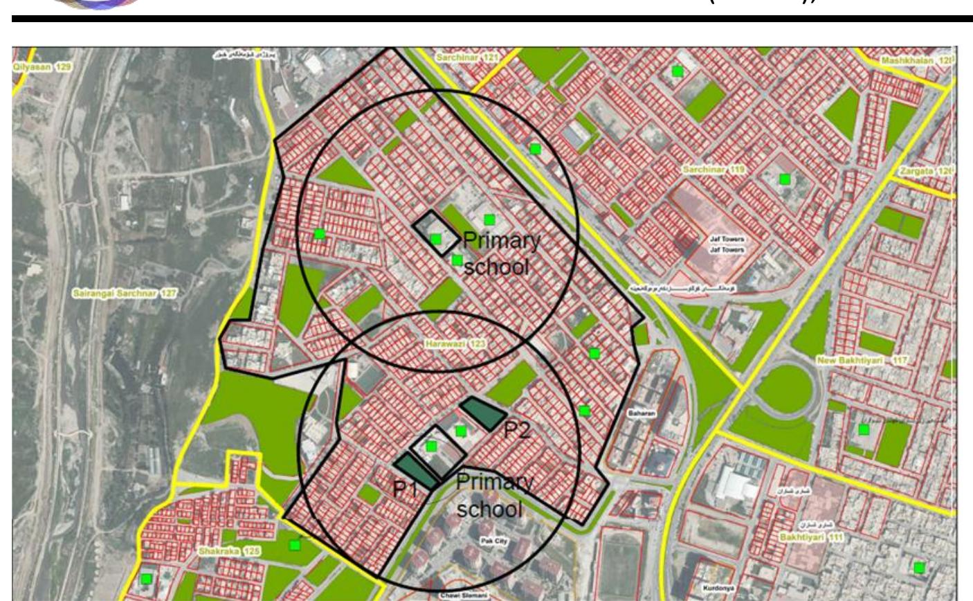 Fig. 6, Harawazy-123 neighborhood unit site plan, park! and park2 location (Prepared by researcher) 