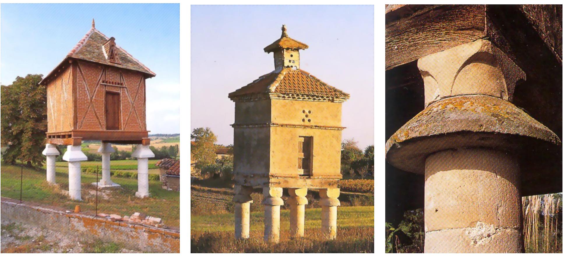 Fig. 1, 2, 3. Midi Pirenneis: examples of "pigeonniers" and the particular of a stone pillar 