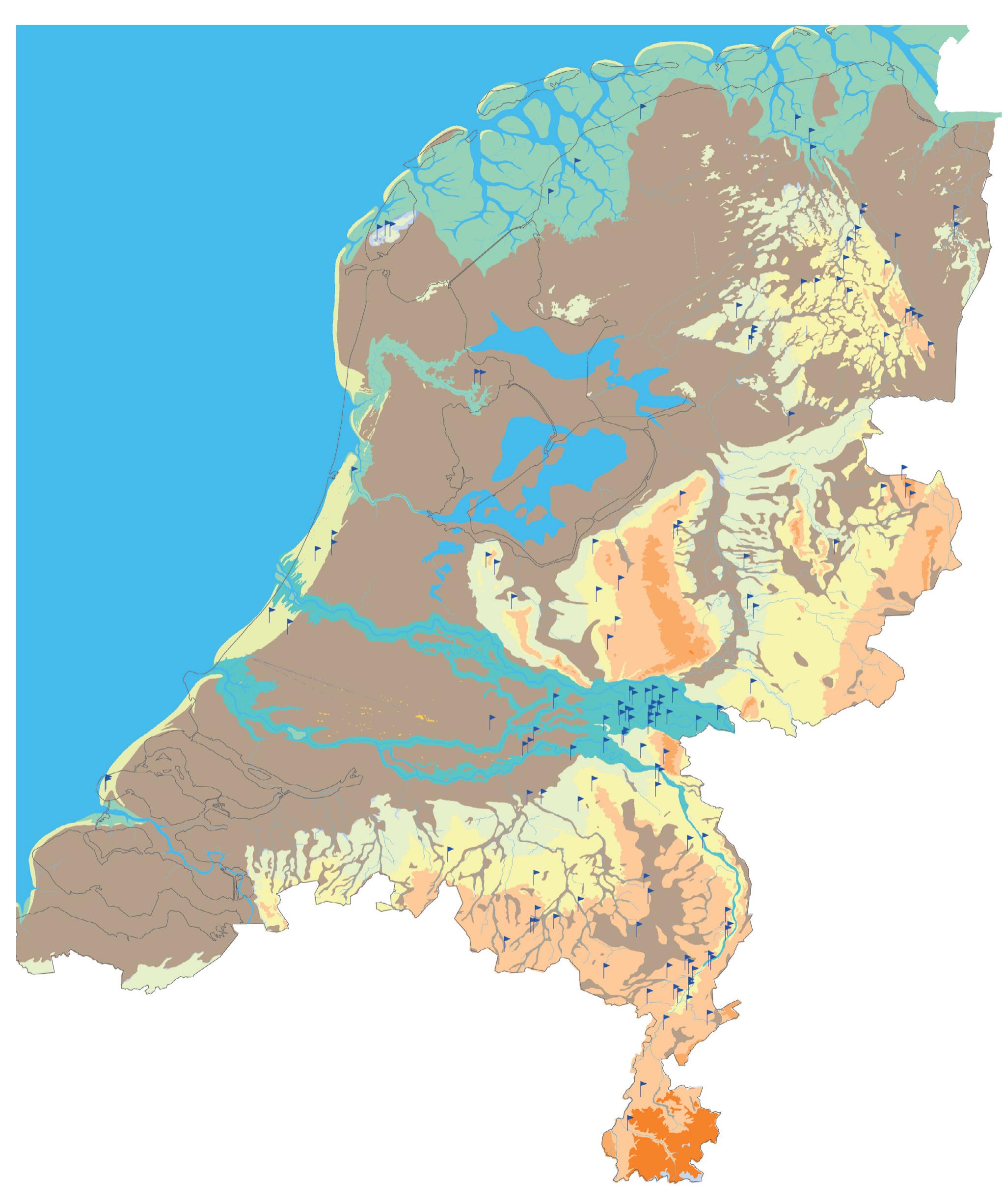 Fig. 3. Distribution map of later prehistoric pins (indicated by blue flags) in the Netherlands. The underlying map shows the palaeogeographical reconstruction of the Netherlands around 1500 BCE (after Vos et al. 2011: 53). Brown areas represent peatland zones, yellow to orange hues sandy land- scapes, light blue riverine deposits and light green coastal marshes. Drawing: S. Arnoldussen, Groningen Institute of Archaeology (GIA). 