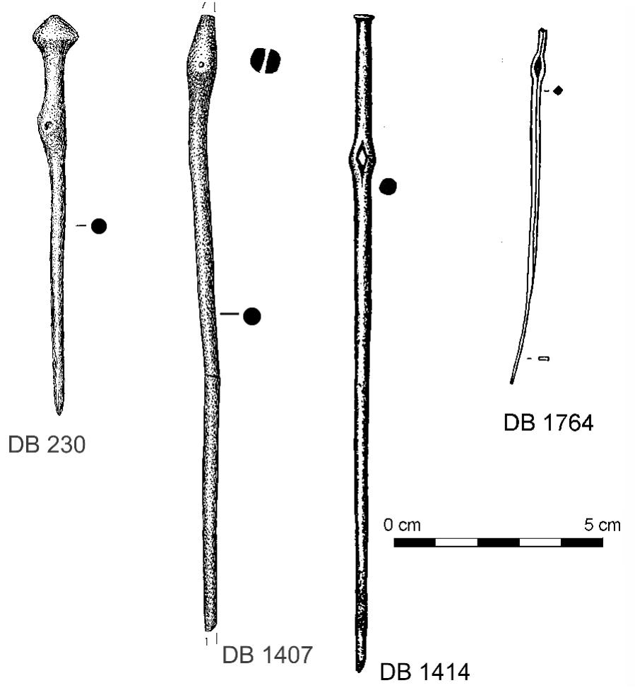 Fig. 7. Pins with swollen shafts and perforations (Lochhalsnadeln) from the Netherlands. DB 230: Haamstede; DB 1407: Berlicum; DB 1414: Smakter Spurkt; DB 1754: Ommerschans. Drawings: Butler Archive, Groningen Institute of Archaeology (GIA).  Fig. 7. Pins with swollen shafts and perforations (Lochhalsnadeln)  arallels: Kubach (1977: Taf. 4 no. 55) lists an undecor- ated but almost symetrically swollen example from Tumulus 6 (Ziegenberg, Schneiderwald), which he classifies as Typ Paarlstadl (op.cit.: 85) and which has a head identical to DB 230. Rihovsky (1979: 22, Taf. 3 no. 32) provides a comparandum with a flatter head from Vedrovice, Bez. Znojmo, Mahren. A decorated example was found in the Smed(e)rov hoard (for- merly Bohemia, now district Plzenjih, southwest of Prague) in the Czech Republic (Moucha 2005-2007: 261 no. 209, Taf. 187 no. 11; cf. Richly’s 1894: Taf. XXXIII no. 14). The Smed(e)rov hoard also contained six bronze war chisels (Streitmeissel), four knives with bent blades (Rebmesser), a winged axe, a spear- head and a bronze fragment (now missing; Moucha 2005-2007: 261 no. 209). Another parallel, albeit with decorated shaft, was found in the rich grave Hii- gel 1 from Baven, Kr. Celle, Bonstorfer Heide, Nieder- sachsen, which also contained a Wohlde sword with four rivets in situ, a round heeled dagger (also with four rivets in situ), a flint spearhead, 17 hollow-based flint arrowheads, two strike-a-lights and decayed remains of a wooden drinking cup (Piesker 1937: 127; Laux 1976: 50). The Baven pin with three pairs of in- cised horizontal lines below the conical head and one pair below the swelling, and a square-shaped, decor- ated shaft, is classified by Laux under Art Baven (1976: 50 nos 238-41, Taf. 24 no. 238, Taf. 58C no. 1).  xamples found outside eastern Europe should be con- sidered imports. According to Butler (1956: 74). the  