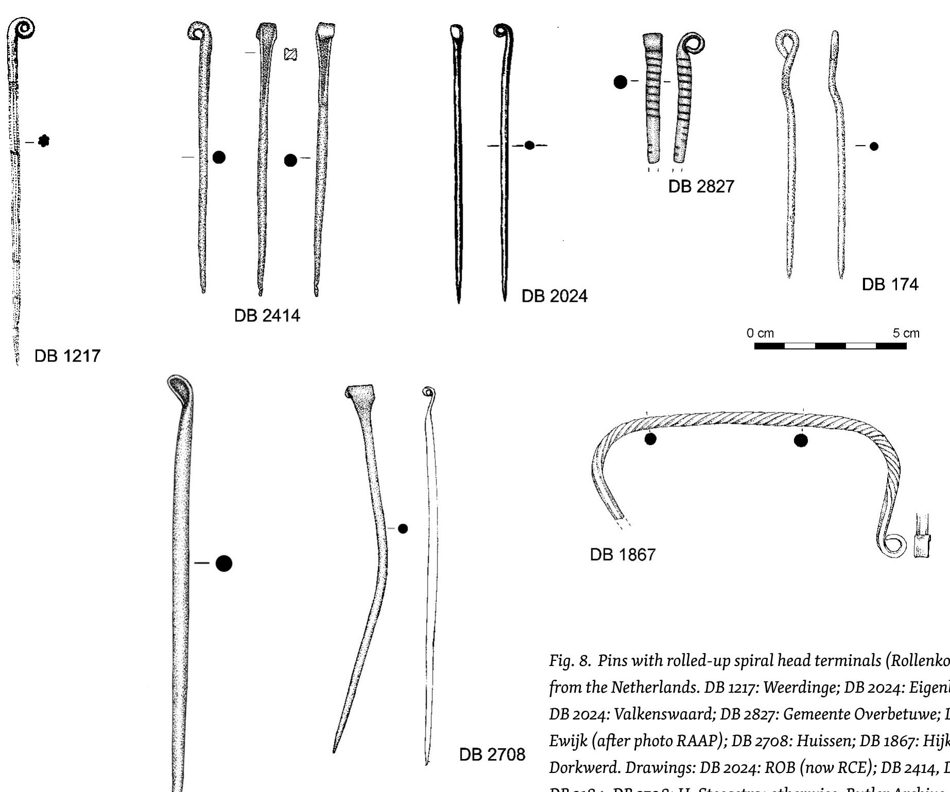 two Radnadeln (DB 1215, DB 1218) and a disc-headed pin (DB 1216, with pointillé-embellished longitudinal grooves on lower shaft). A bronze ring of thin wire (DB 1219), a bracelet (DB 1220) and an amber bead necklace (DB 1221) were found in the same grave. These finds could be indicative of high-status female attire from the Hessen region (Butler 1990: 61). 