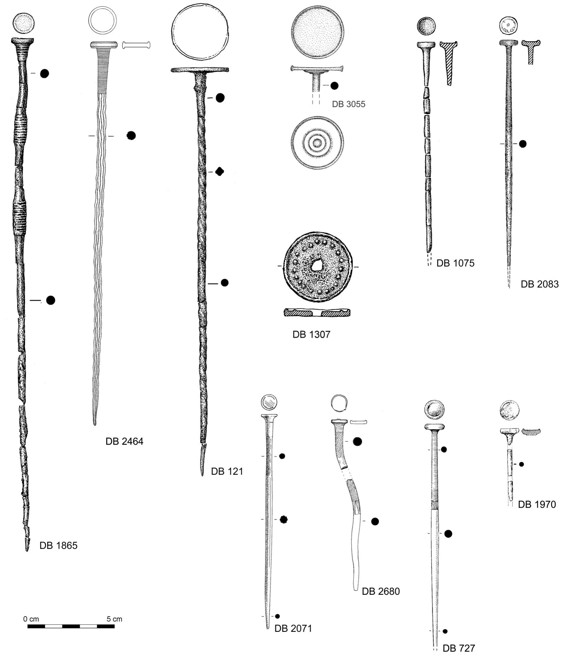 Fig. 13. Pins with disc heads of the sunken head variety from the Netherlands. DB 1865: Hijken/Hooghalen; DB 2464: Deurne; DB 121: Schuilingsoord; DB 3055: Kilder; DB 1307: Hijkerveld; DB 1075: Emst; DB 2083: Tubbergen, DB 2071: Mander; DB 2680: Hubertustunnel; DB 727: Tubbergen; DB 1970: Elp. Drawings: DB 2071, DB 727: ROB (now RCE); DB 2464, DB 2680, DB 3055: H. Steegstra (DB 3055 after Van der Linde 2013: Fig. 5.7); otherwise, Butler Archive, Groningen Institute of Archaeology (GIA). 
