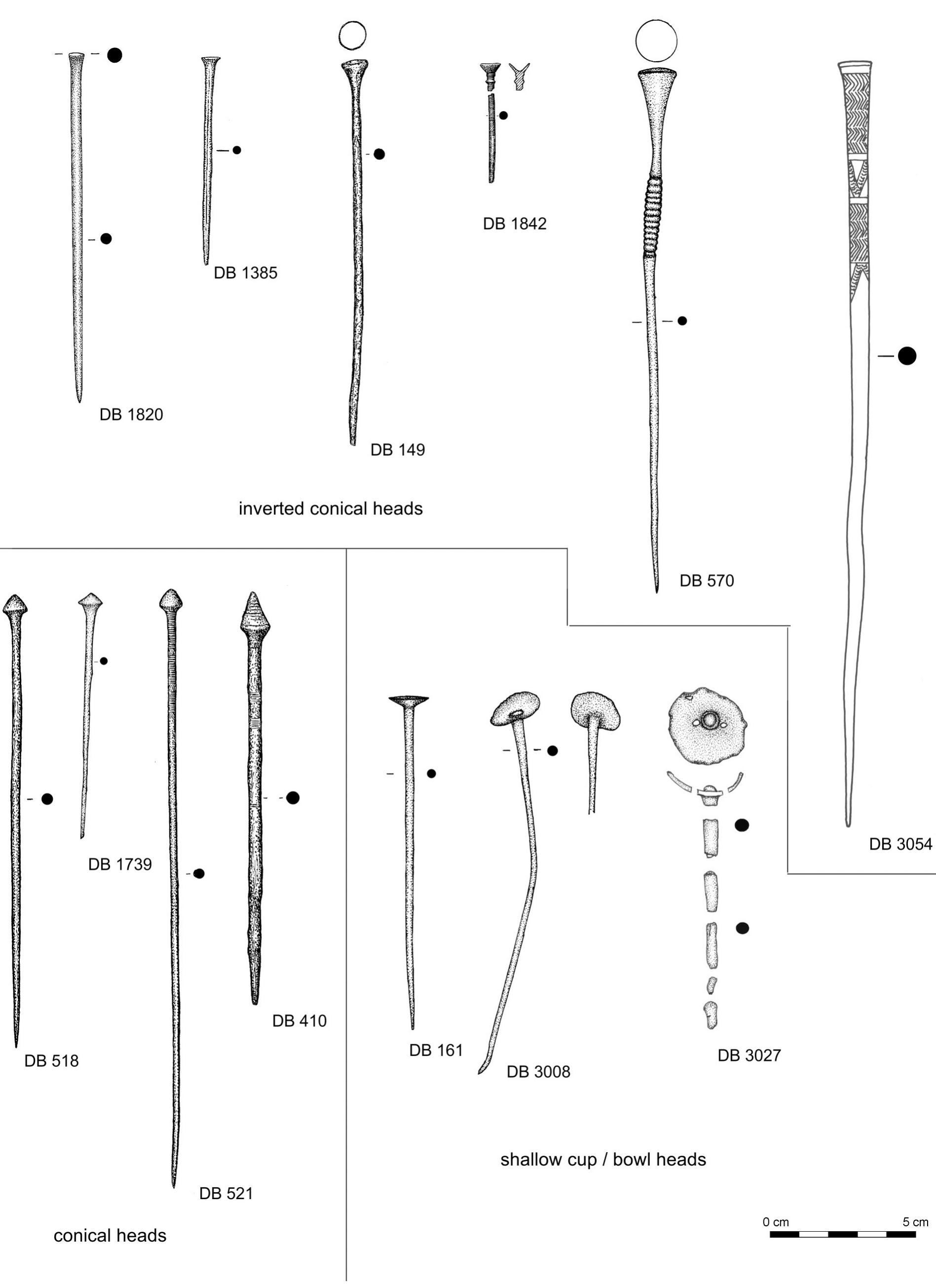 Fig. 15. Pins with inverted conical head (top register), conical heads (lower left) and shallow cup/bowl-shaped heads (lower right) from the Netherlands. DB 1820: River Maas; DB 1385: Wedderveer; DB 149: Nijlande; DB 1842: Valthe?; DB 570: Alem; DB 3054: Leidschendam; DB 518: River Waal; DB 521: River Waal; DB 410: Barneveld; DB 161: Elst; DB 3008: gemeente Zevenaar; DB 3027: Zutphen. Drawings: DB 3027 (after Van Straten & Fermin 2012: Fig. 62), DB 3054, DB 570, DB 161, DB 3008: H. Steegstra (GIA); otherwise, Butler Archive, Groningen Institute of Archaeology (GIA). 