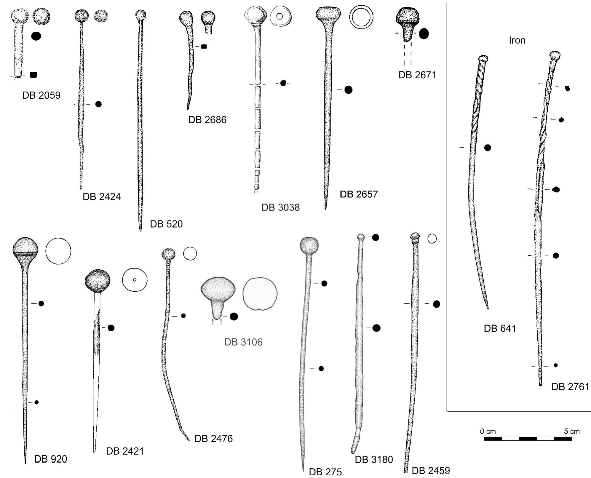 Fig. 16. Pins with ball-shaped or ovoid (egg-shaped) heads from the Netherlands. Bronze: DB 2059: Hilversum; DB 2424: Betuwe; DB 520: River Waal; DB 2686: Neer; DB 3038: Amby; DB 2657: Echt; DB 2671: Roermond; DB 920: Tegelen; DB 2421: Oosterhout; DB 2476: Alem; DB 3106: Hunsel (drawing after photo, courtesy E. Drenth); DB 275: Heerewaarden; DB 3180: Hoogkarspel-(drawing after photo); DB 2459: Cuijk. Iron: DB 641: Gedrop (drawing after photo); DB 2761: Uden (after Van der Vaart-Verschoof 2017 (II): Fig. A2-6:US 17). Drawings: DB 3038: BAAC; DB 2059, DB 3180: DB 2424: Butler Archive, Groningen Institute of Archaeology (GIA); otherwise, H. Steegstra (GIA). 