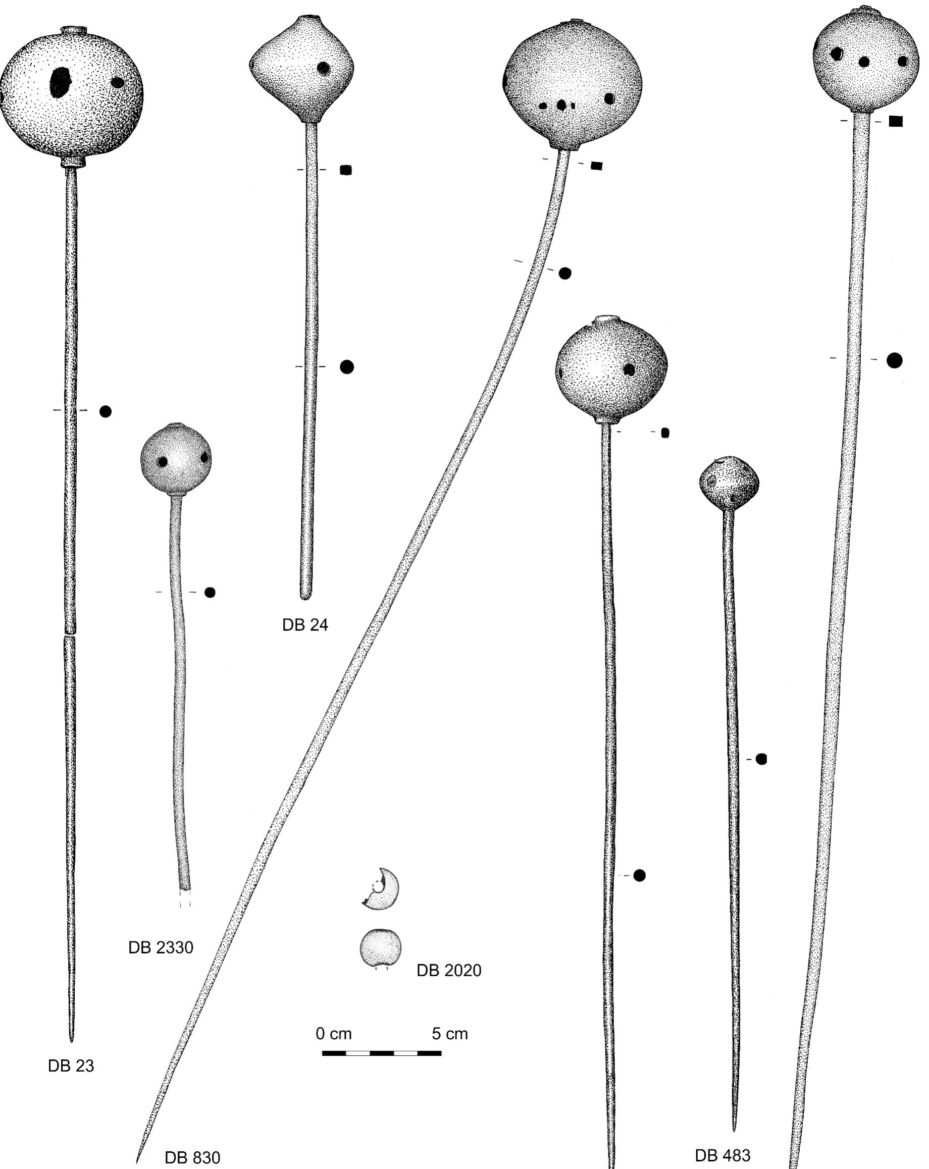 Fig. 18a. Bombenkopfnadeln from the Netherlands. DB 23: Heerde; DB 2330: Herten; DB 24: Heerde; DB 830: no provenance; DB 441: Nijmegen; DB 483. Ravenstein; DB 829: Oosterhout; DB 2020: small hollow ball head from Zutphen. Drawings: DB 2330, DB 2020 (after Fermin 2011: Fig. 36), DB 829, DB 830: H. Steegstra; otherwise, Butler Archive, Groningen Institute of Archaeology (GIA). Scale 2:5. 