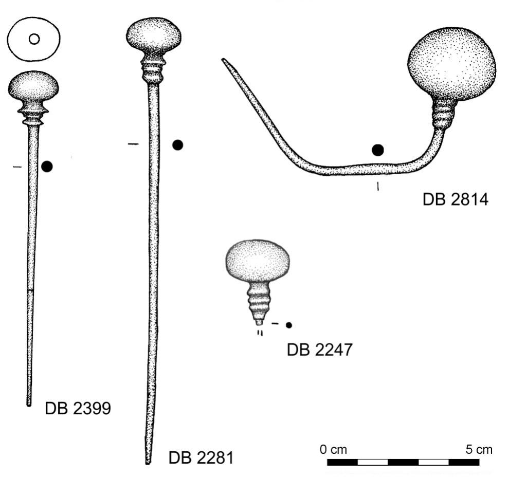 Fig. 19. Pins with a hollow bulbous head with multiple neck ribs (Typ Wollmesheim). DB 2399: Opheusden; DB 2281: Boekend; DB 2814: St.- Michielsgestel; DB 2247: Nijmegen (after photo, courtesy J. van Hemert). Drawings: H. Steegstra, Groningen Institute of Archaeology (GIA).  Fig. 19. Pins with a hollow bulbous head with multiple neck ribs (Typ  (DB 2399) Opheusden, gemeente Kesteren, Gelderland 