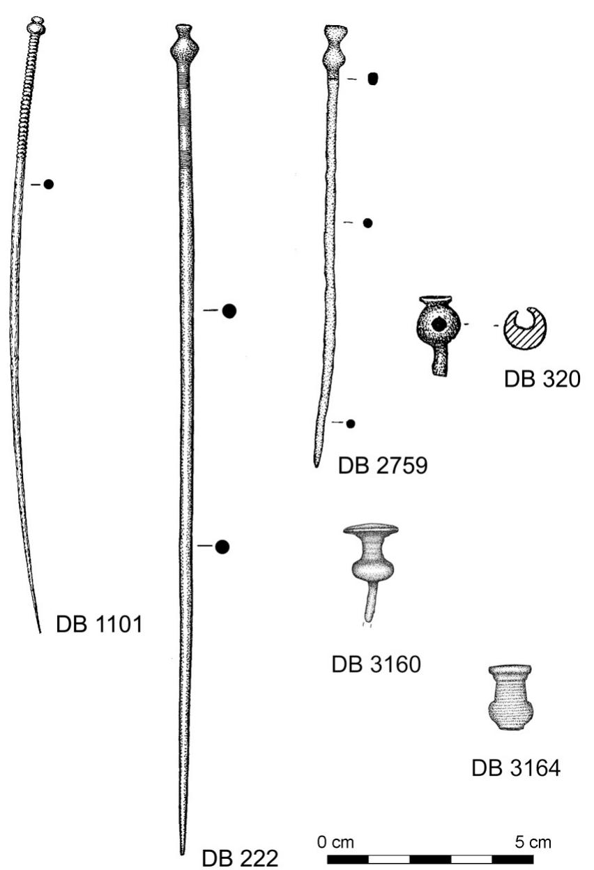 Fig. 20. Pins with a vasiform head from the Netherlands. DB 1101: Westerheide; DB 222: Posterholt; DB 2759: Uden; DB 320: Deurne; DB 3160: Overbetuwe (drawing after photo); DB 3164: Overbetuwe (draw- ing after photo). Drawings: DB 2759, DB 3160 and DB 3164: H. Steegstra; otherwise, Butler Archive, Groningen Institute of Archaeology (GIA). 