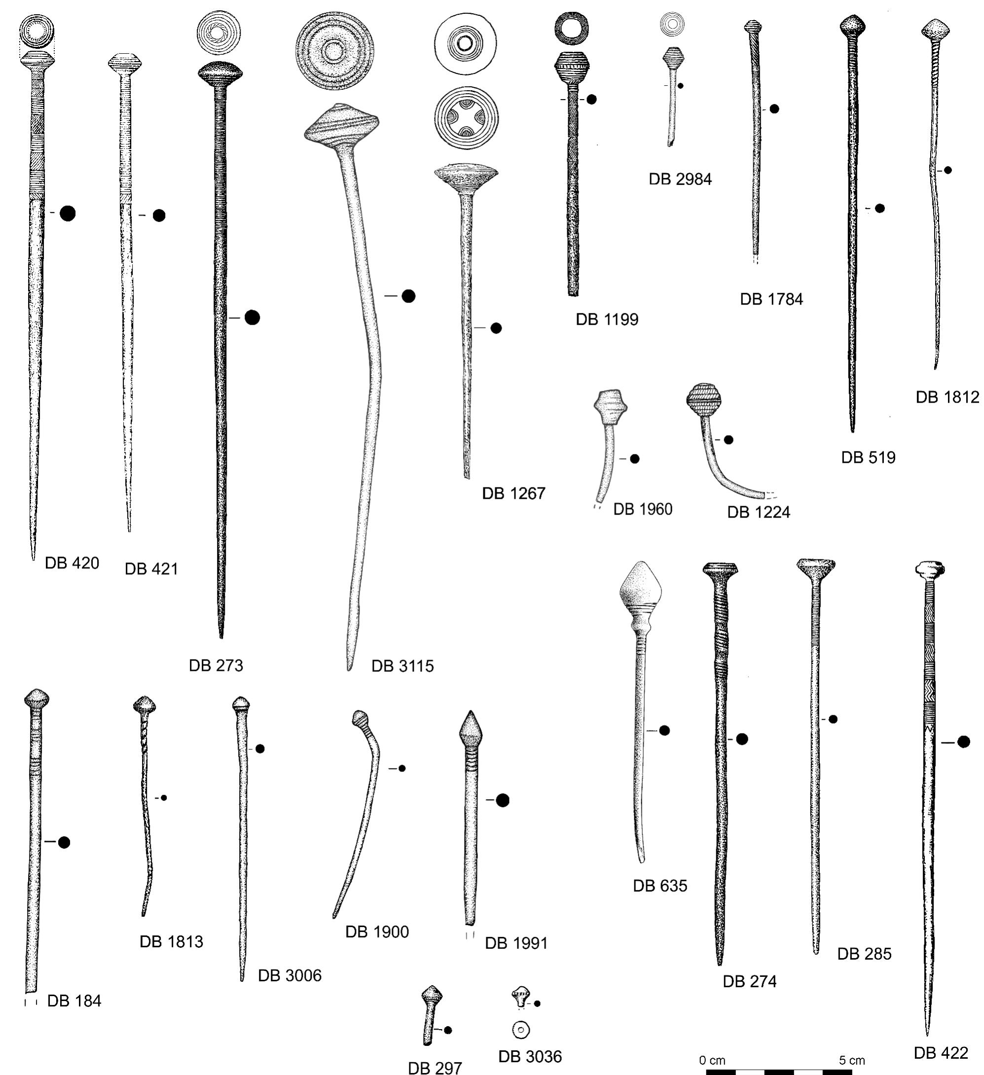 Fig. 21. Decorated pins with a biconical head from the Netherlands. DB 420, DB 421: Veenenburg; DB 273: Heerewaarden; DB 3115: Exaten; DB 1267: Gasteren; DB 1199: Valthe; DB 2984: Overbetuwe; DB 519: River Waal; DB 1812: no provenance; DB 1960: Witreit; DB 1224: Schuilingsoord; DB 184: Riethoven; DB 1813: no provenance; DB 3006: Best; DB 1900: Goirle; DB 1991: Riethoven; DB 635: Eersel; DB 274: Heerewaarden; DB 285: Epe; DB 422: Hillegom; DB 297: Deurne; DB 3036: Amby. Drawings: DB 3036: BAAC; DB 3115, DB 2984, DB 1960, DB 1224, DB 3006, DB 1900, DB 1991: H. Steegstra; otherwise, Butler Archive, Groningen Institute of Archaeology (GIA). 