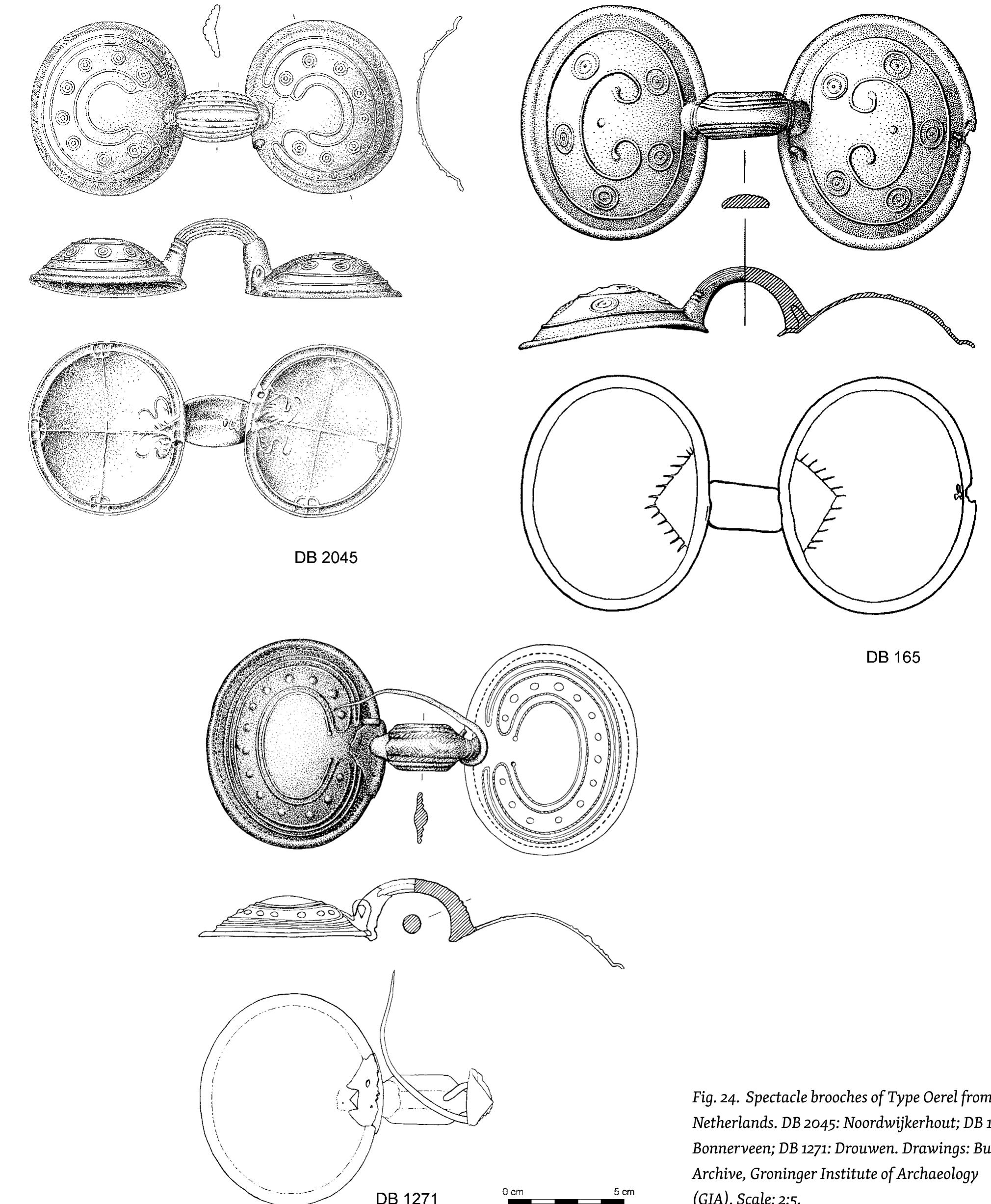 Figs 9-11). So far, seven examples from four locations are known from the Netherlands. The assumed chronology differs, with the simpler Type Oerel fibulae attributed to Montelius Per. IV and the more richly decorated exam- ples to Period V (c. 1125-925 BCE and 925-750 BCE,  respectively).*° The example from the Pierreville hoard is dated to the HaB2/3 period (Griette et al 2019: 139). 