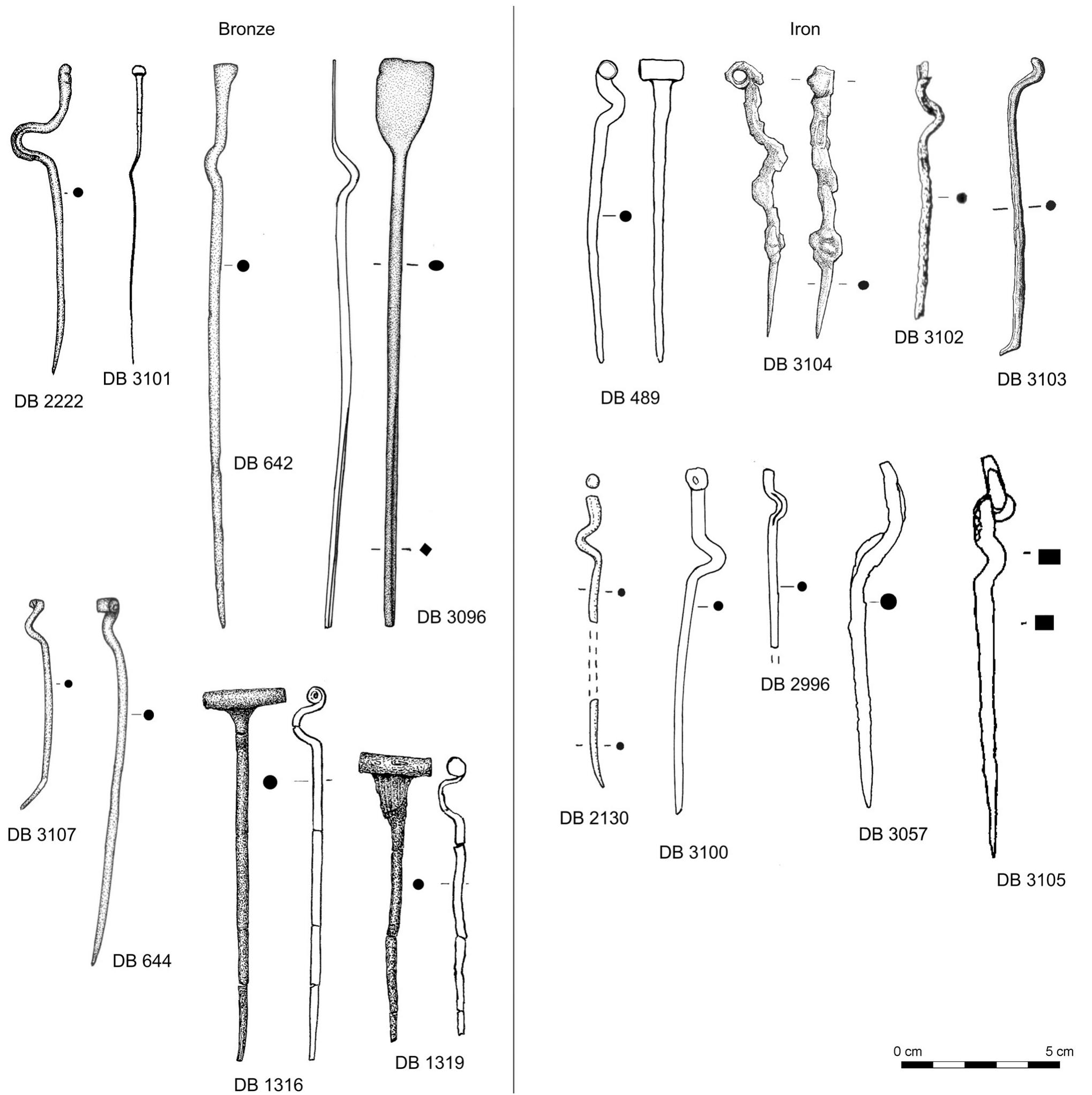 Fig. 26. Bronze (left) and iron (right) Kropfnadeln from the Netherlands. Bronze: DB 2222: Ezinge; DB 3101: Oostum; DB 642: Beuningen; DB 3096: Enterveen; DB 3107: Bergharen; DB 644: Ewijk; DB 1316 & DB 1319: Gemeente Emmen, tumulus. Iron: DB 489: Ermelo; DB 3104: Woezik; DB 3102: Haps; DB 3103: Nijmegen-Zuiderveld Grave 8; DB 2130: Nijmegen-Zuiderveld Grave 22; DB 3100: Colmschate; DB 2996: Ermelo; DB 3057: Beegden; DB 3105: Woezik. Drawings bronze: DB 2222, DB 642, DB 3096, DB 3107, DB 644: H. Steegstra (GIA); DB 3101: VU Amsterdam; DB 1316, DB 1319: Butler Archive, Groningen Institute of Archaeology (GIA). Drawings iron: DB 489, DB 2996: H. Steegstra (GIA); DB 3104: taken from Heirbaut 2011: Fig. 9.11; DB 3102: taken from Verwers 1972: Abb. 32; DB 3103: taken from Eimermann & Van den Broeke 2017: Fig. 5.16; DB 2130: taken from Eimermann & Van den Broeke 2017: Figs 5.21(1)-5.22(1); DB 3100: taken from Groenewoudt 1984: Fig. 5; DB 3105: taken from Tuijn & Vissers 2004: Fig. 2:4. 