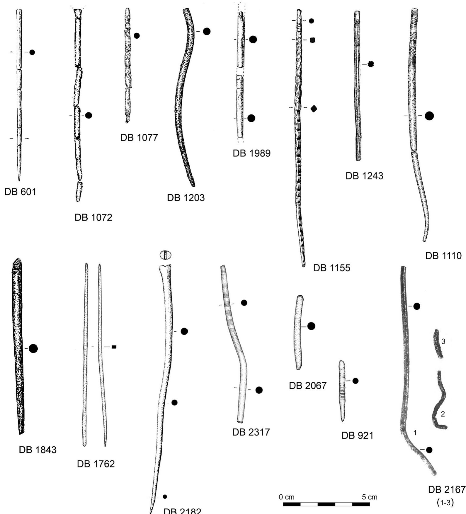 Fig. 28. Fragments of (headless) pins from the Netherlands. DB 601: Den Burg; DB 1071: Hijken; DB 1077: Sleenerzand; DB 1203: Annertol; DB 1989: Havelte; DB 1155: Soesterheide; DB 1243: Balloérveld; DB 1110: Laren; DB 1843: no provenance; DB 1762: Ommerschans; DB 2182: Velsen; DB 2317: Beesel; DB 2067: Hilbertshaar; DB 921: Tegelen. Drawings: DB 2182: IPP (now Acasa); DB 2067, DB 921: H. Steegstra (GIA); DB 2167: photo (courtesy of Sjeng Kusters, Provinciaal depot De Vondst, Heerlen); otherwise, Butler Archive, Groningen Institute of Archaeology (GIA). 