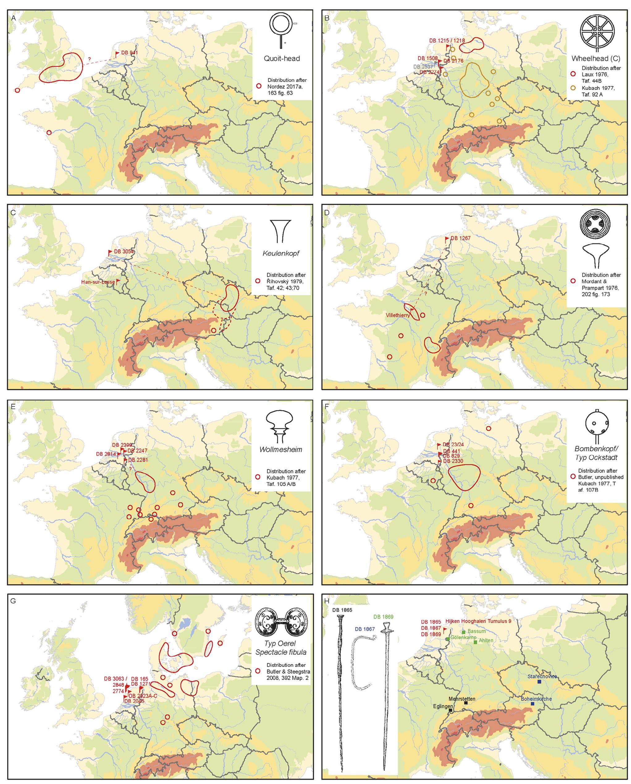 Fig. 30. Supraregional affinities mapped for a selection of later prehistoric pins/pin types (A to G) from the Netherlands. H shows the location of the best comparanda for the Hijkerveld Tumulus 9 pins. Maps by S. Arnoldussen, Groningen Institute of Archaeology (GIA). 