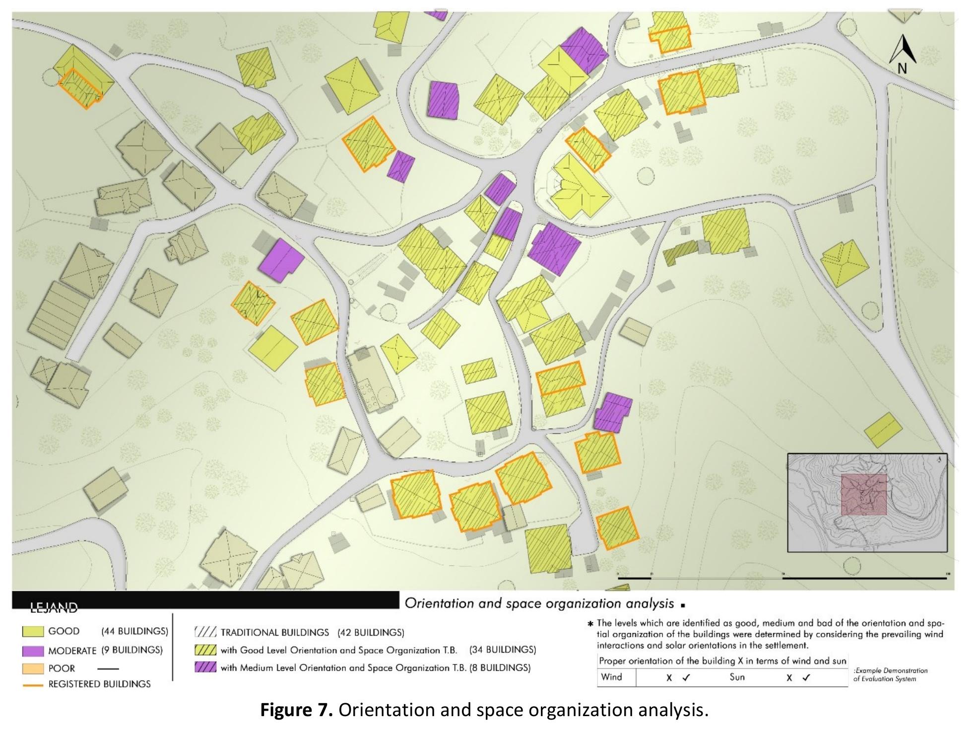 .1.5 Positions of Buildings Relative to Each Other / Building Spacing  9-40.90 8 FOSIUIONS OF DUTGINES NClaltive lO EaACh ULNEr / DUIGINE spdCins The buildings that form the traditional settlement pattern of GOdkmasli generally consist of two-story twin or single  houses. Twin houses, created by dividing single houses along the axis of symmetry passing through the middle of the building, are adjacent to the symmetrical building. Individual houses are generally positioned in a separate order within the settlement. The buildings are placed scattered on the sloping topography to meet the slope. It is observed that the density of the settlement increases as the slope increases along the slope. This positioning style has been considered appropriate in terms of not preventing the buildings from benefiting from climatic factors such as sun and  wind. 