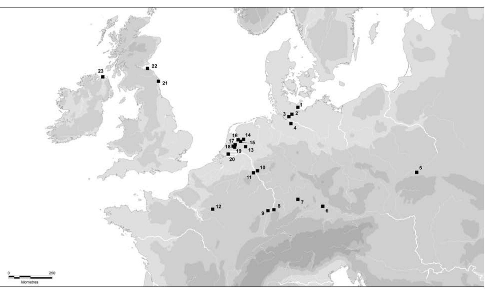 Fig. 4 Map of sites mentioned in the text. 1 Neustadt; 2 Schlamersdorf; 3 Kayhude; 4 Boberg; 5 toniowa; 6 Harting; 7 Marktbergel; 8 Vaihingen; 9 Herxheim; 10 Blatterhdhle; 11 Arnoldsweiler; 12 Cuiry-lés-Chaudardes; 13 Epse-Olthof; 14 Kampen-Reevediep / Hanzelijn- Hattemerbroek; 15 Dronten-N23; 16 Swifterbant; 17 Hoge Vaart-A27; 18 Baarn-Drie Eiken; 19 Soest-Staringlaan; 20 Hardinxveld-Giessen-  dam; 21 Howick; 22 East Barns; 23 Mount Sandel. 
