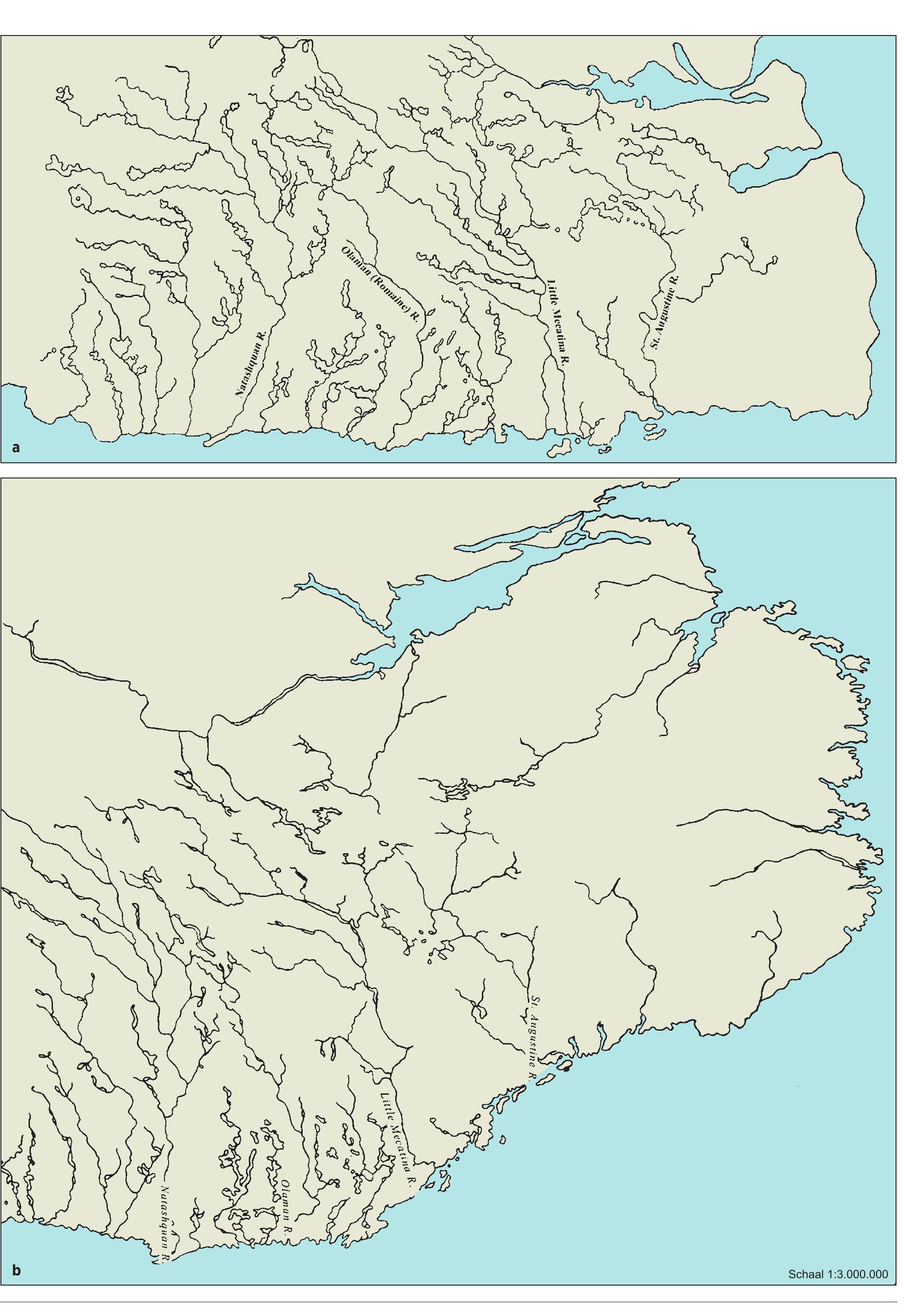 Fig.9 Map of southeastern Labrador, Canada (after Lovis/ DonAHue 2011). The depicted area is about as big as eastern England, the southern North Sea, the Netherlands, Belgium, Luxemburg and bordering parts of western Germany together. Top: System of rivers and lakes drawn by native American Mathieu Medicabo. It demonstrates the mental structuring of knowledge about landscape in connection  to waterborne travels. Bottom: Geographically corrected map of the same area. 