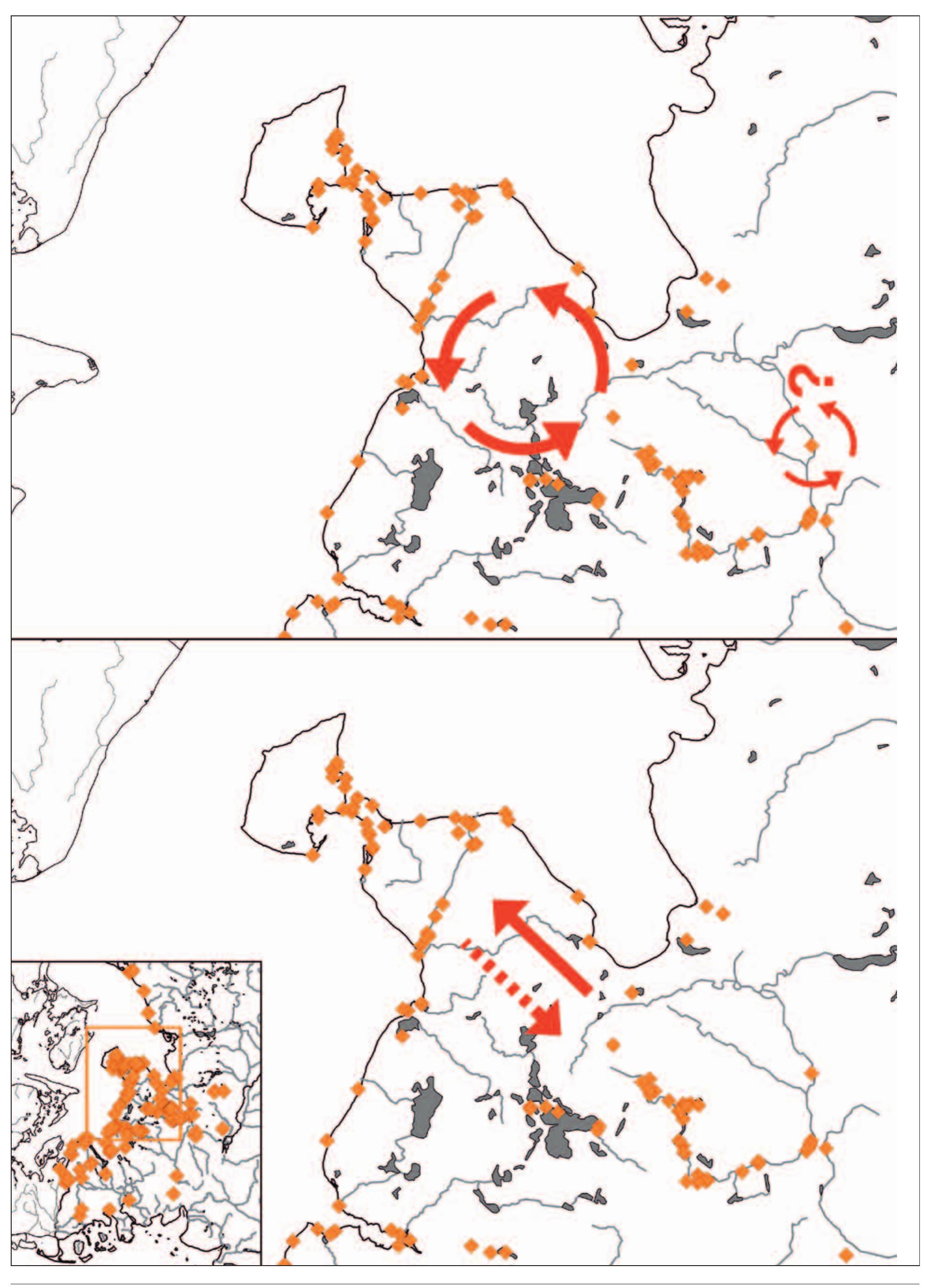Fig. 11 Illustration of different settlement models. ANpERSEN (1994/1995; 1995) and FiscHer (2003) argue for more or less permanent settle- ment base camps along the coastlines which are complemented by functional (seasonal) resource extraction camps in the interior and hin- terlands (illustration on the bottom). This model applies mainly to the Danish coastlines. JOHANSEN (2006) favours a model of cyclical rotation between different settlement localities which can be used repeatedly over several years (illustration on the top). In the case of Schleswig- Holstein, this explanation seems reasonable, but it remains unclear if there were solely inland based settlement systems of this type as well. 