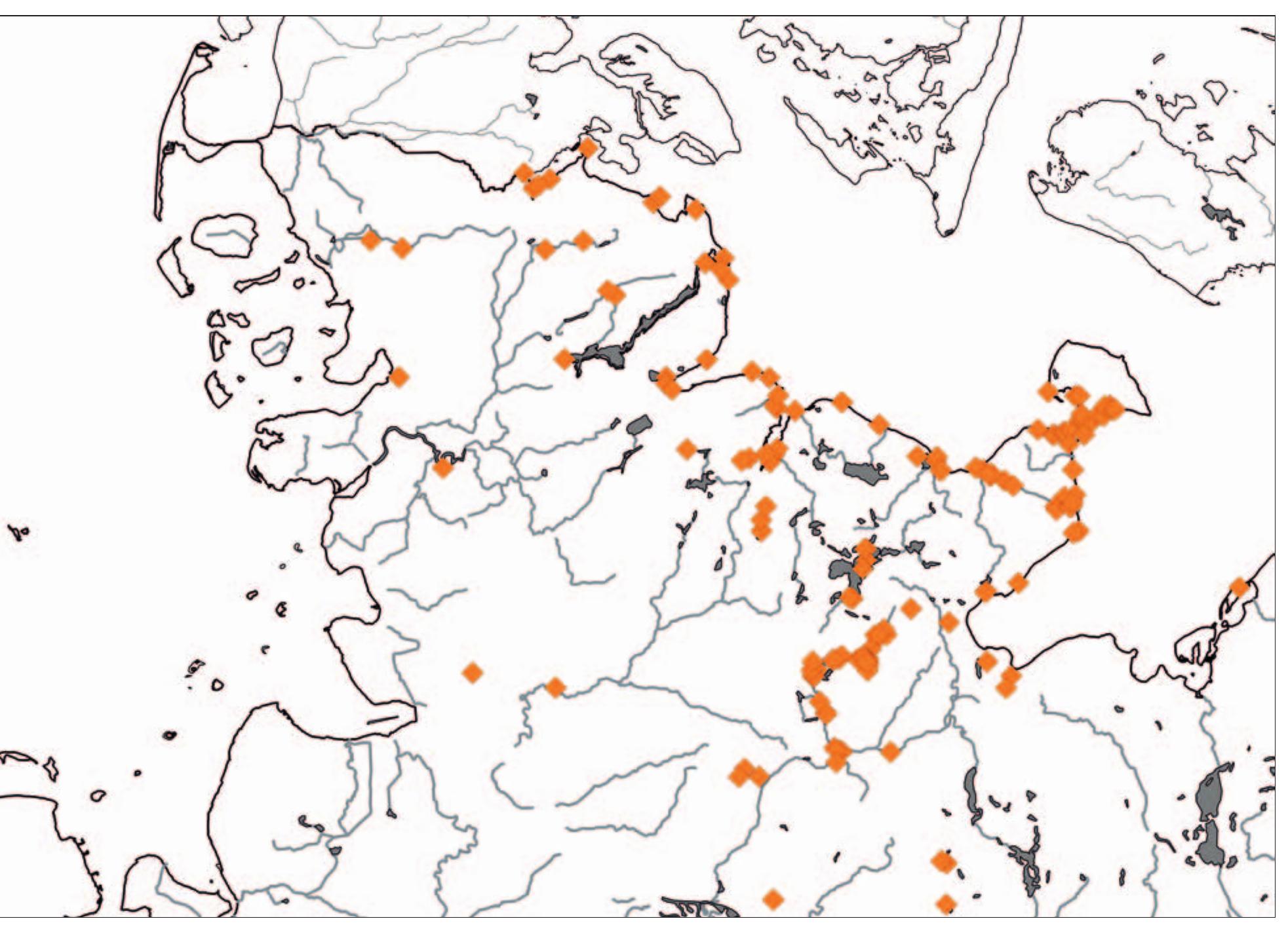 Fig.12 This map depicts all known (and suspected) sites and single finds of Ertebglle character in Schleswig-Holstein (data provided by the Archaeological Museum of Schleswig-Holstein/ Schloss Gottorf). The density of find spots in eastern Schleswig-Holstein is in stark contrast to the western regions, from which there is only little evidence for a Late Mesolithic occupation. Additionally, there are surpris- ingly many sites in the eastern interior and hinterland where finds cluster along the (former) lake and river systems. 