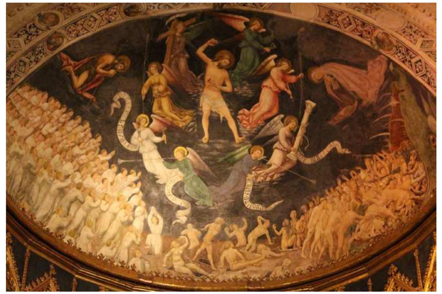 Figure 3. Nicolas Delli, Juicio Final, c. 1445. Catedral Vieja de Salamanca. (Photo: by the author). The angels hold the cross, the column with a flog around it, the hammer and nails, and a chalice for catching Jesus’ blood. 