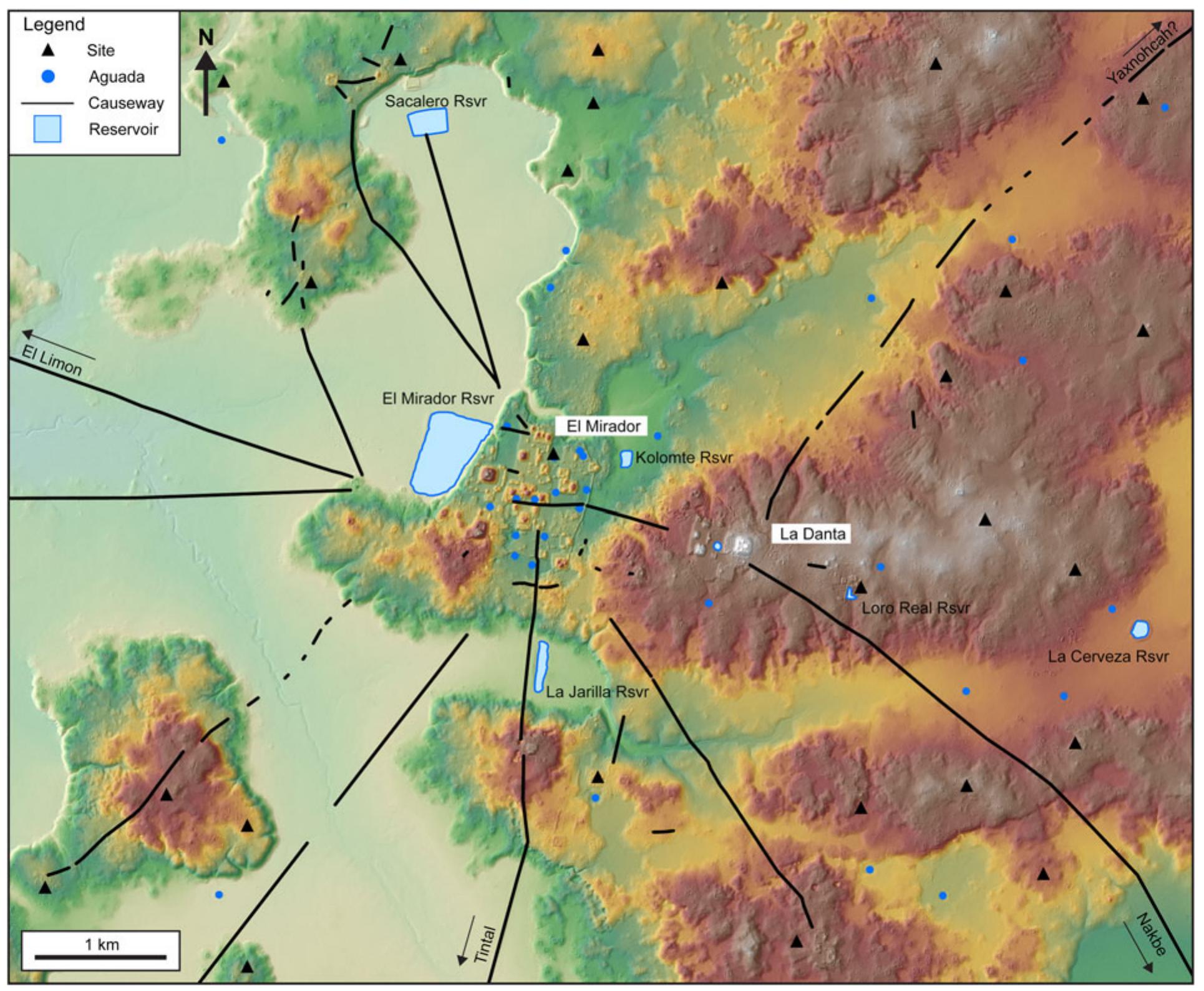 Intrasite Map Digital elevation map of el mirador with causeways and