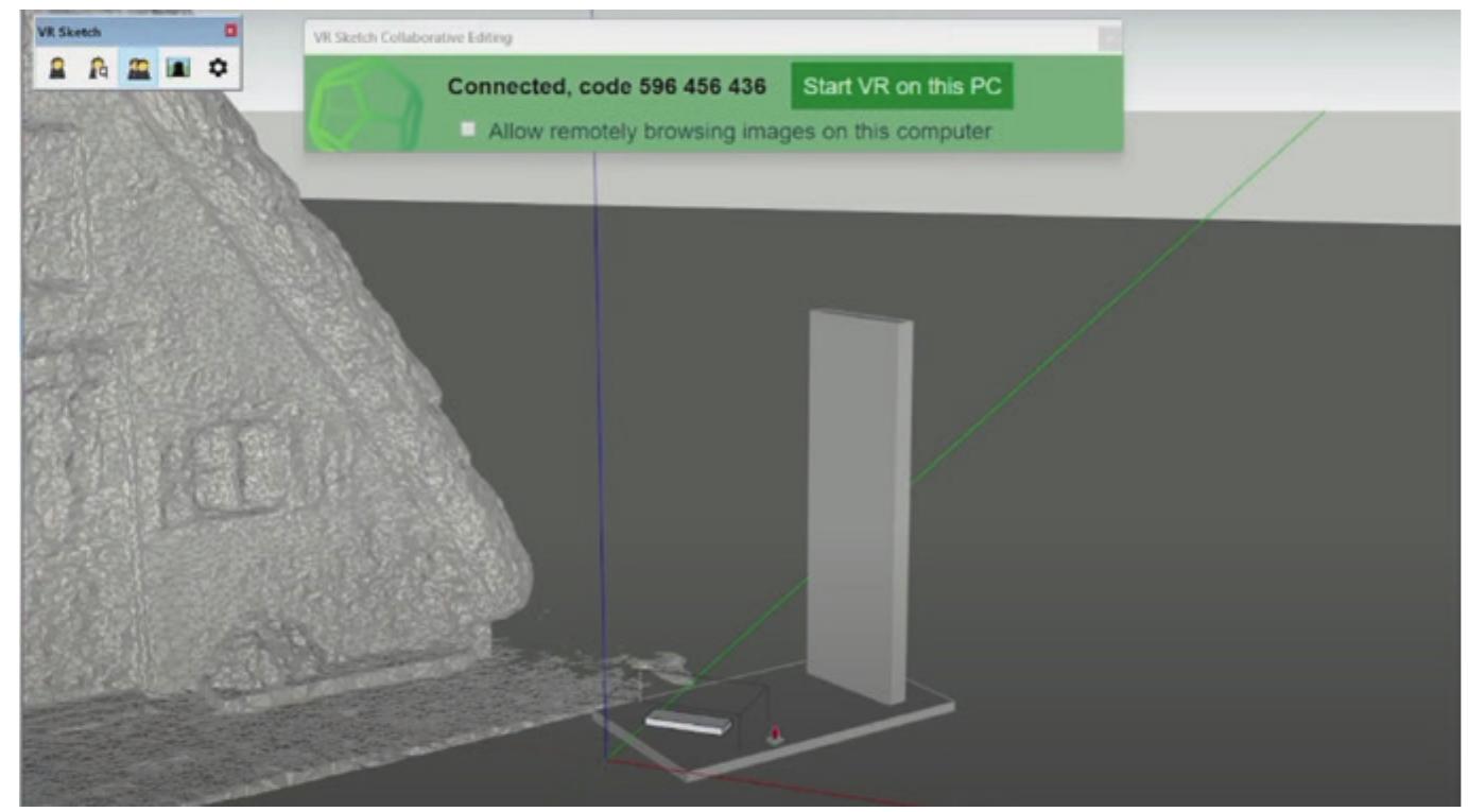 Fig. 8 Designing a small totem next to the San Sebastian house in the simultaneous multiuser collaborative immersive design environment (SMCIDE) deployed during the research (Editing: Authors in 2023)  > << << ——- = SS ee vee ee eS ee S| ee Ul es ee aS OO ee Oe  ing. The reason why we were interested in SketchUp and the VR Sketch plug in is the possibility of doing the editing through the headset, which is not that common.  In Fig. 8, you can see our experiment generating some very simple objects within an immersive design environment by using both the computer and the head- set. I forgot to mention that this application runs also on the iPad. When you use the iPad with an Apple Pencil, you end up designing with a very advanced digi- tal interface in a way that is very similar to what we used to do when some time ago when the design process was accomplished on paper with pens and pencils. Therefore, it is clear that the application of immersive technologies within the design field in a heritage context has been improving in recent times and to this day, it is possible to do what we have shown. In the future, we do believe that the integration between the headset provided by the gaming industry and the design sector will increase meaningfully. 