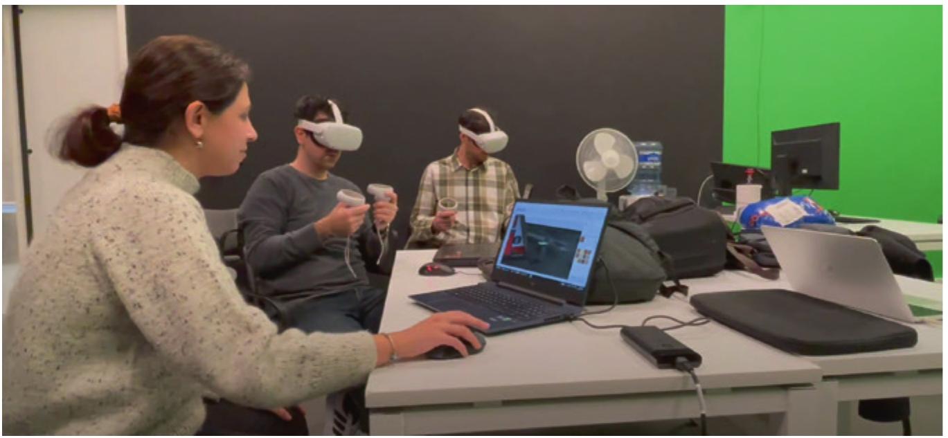 Fig. 9 Three users (two using the headsets and | using a PC) are simultaneously editing the primitive database of the same file using SketchUp and the VR sketch plugin. (Editing: Authors in 2023) 