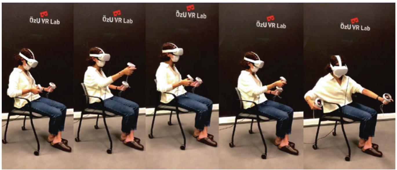 Fig. 10 Ozge Ozkuvancr is testing the headset interface of the simultaneous multiuser collabo-  rative immersive design environment (SMCIDE) deployed during the research (Photo: Authors in 2023) 