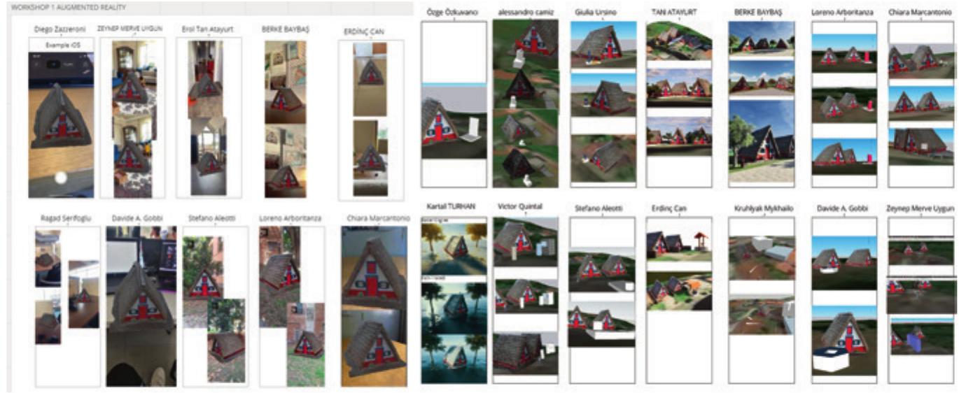 Fig. 11 The results of the workshop on augmented reality directed by Enrico Santori and Diego Zazzeroni (MORE srl) (left). The results of the workshop on Sketchup and VR for design in her- itage contexts, directed by Ozge Ozkuvanci and Kartal Turhan (Ozyegin University) during the ID4Ex training an online crash course on immersive design for building rehabilitation and valori- sation, 3—7 July 2023 (right) (Editing: Authors in 2023) 