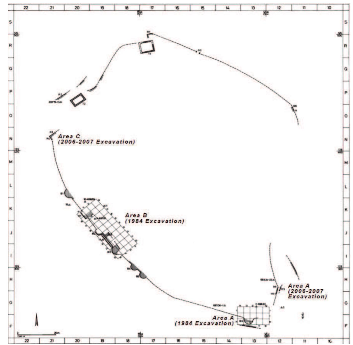 Figure 2: Plan of Tel Betar indicating the excavation fields of the 1984 trial excavations and Batz’s 2006—2007 excavations.  Two excavation fields, labelled Areas A and B, were opened in 1984 on the edges of the site (Fig. 2). Area A was located at the southern end of the site, which rises substantially higher than the rest of the summit (Figs. 2-3). The approach to the site from the south was relatively easy, and the fortifications here must have been particularly strong. 