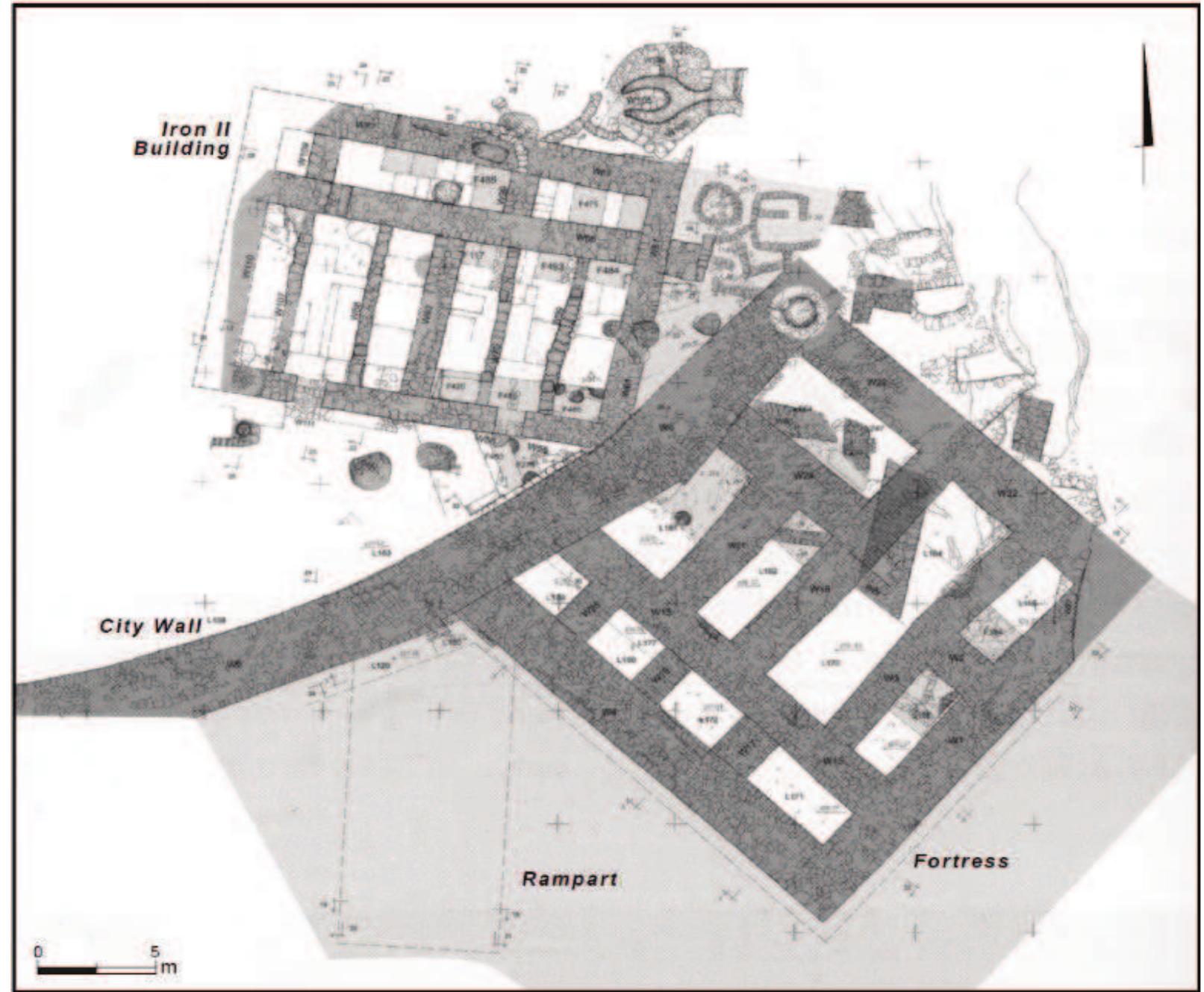 Figure 5. Plan of Batz’s Area A: The city wall, the fortress, and the Iron II building (after Batz 2017: fig. 4, with added labels).  Three monumental, stone-built structures were revealed in Batz’s Area A (Fig. 5; Batz 2017: 151-159): the city wall; a fortress adjoining the city wall; and a large Iron II building. The fortress was built above earlier structures dated by Batz to the Early Bronze Age; walls of this earlier stage are marked in the plan on Figure 5 beneath the walls of the fortress. 