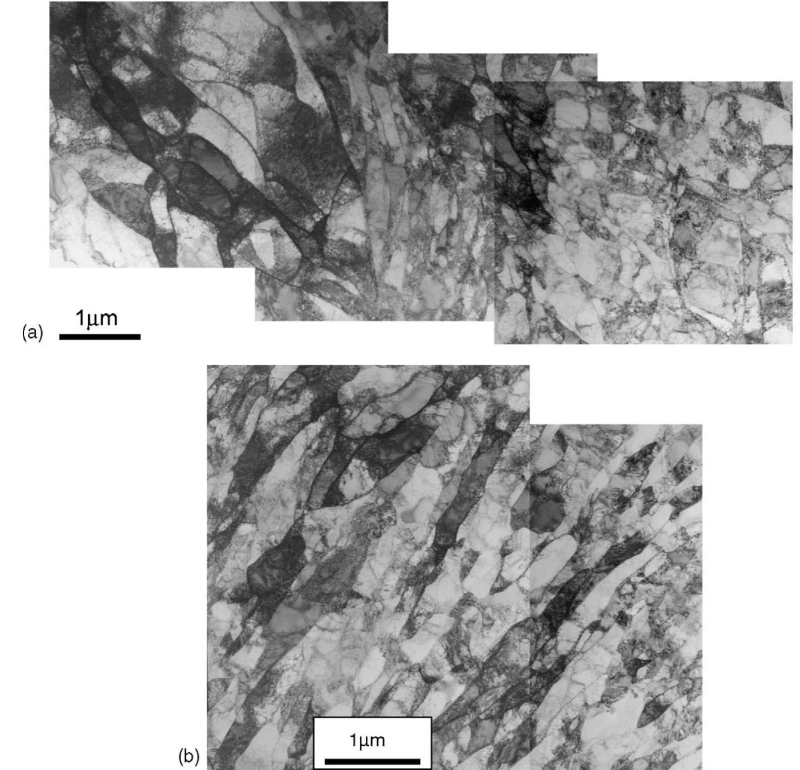 Fig. 1. Bright field TEM micrographs showing the microstructure evolution of IF steel processed by: (a) 1 pass and (b) 8 passes of ECAP  Transmission electron microscopy (TEM) investigations were performed with a Philips CM 200 electron microscope operated at 200 kV. Specimens for TEM were mechanically cut from the uniformly deformed middle sections of ECAP pro- cessed specimens normal to the extrusion direction. Thin foils  were prepared by electropolishing in 6% HClO, solution in methanol at 243 K.  A representative selection of observed microstructures is pre- sented on TEM micrographs in Fig. 1. Significant grain refine- ment of the initial as-annealed structure was observed already 