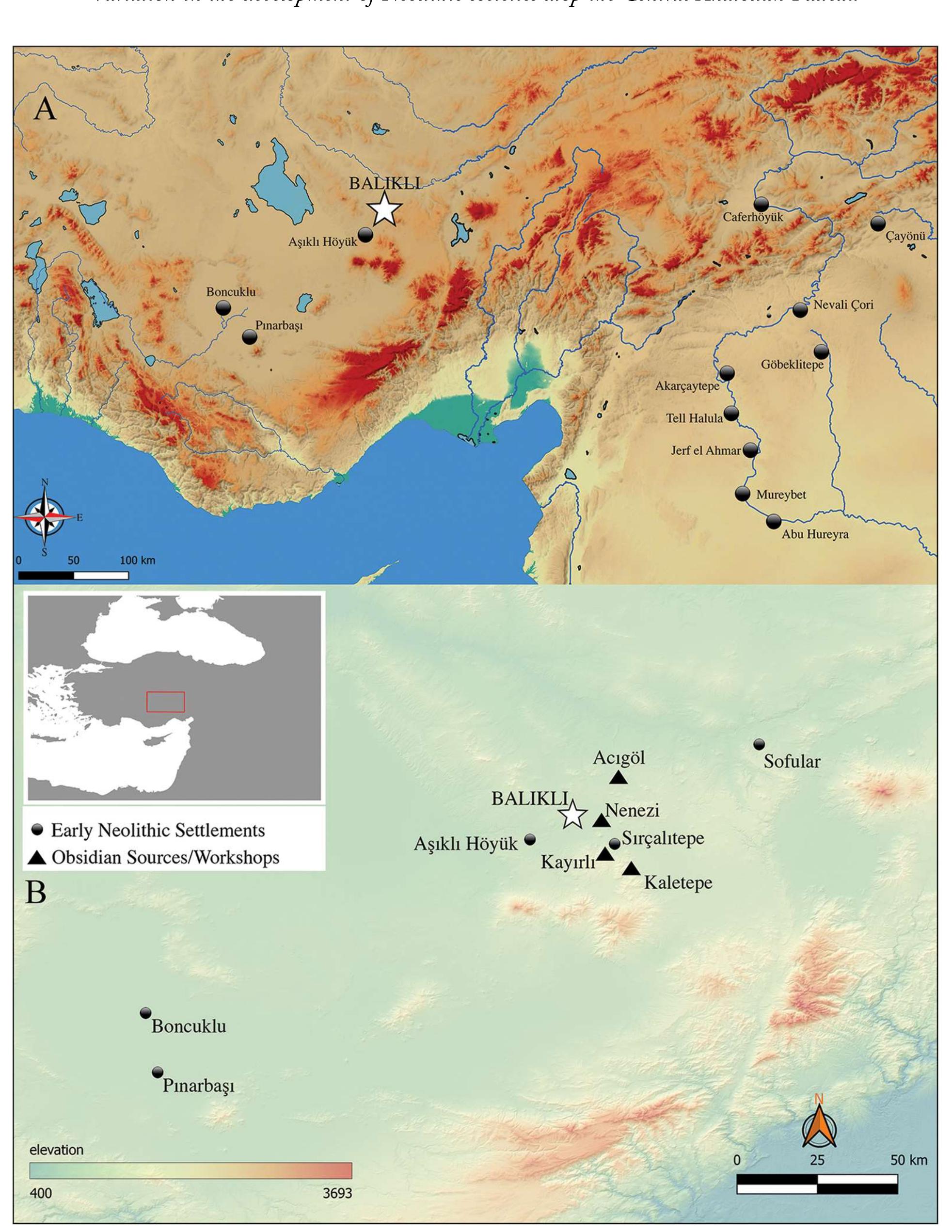 Figure 1. Location maps: A) Baltkl and key Early Neolithic sites in Central Anatolia and the northern Levant; B) Early Neolithic settlements and obsidian sources in Cappadocia (figure by Baltkl research project). 
