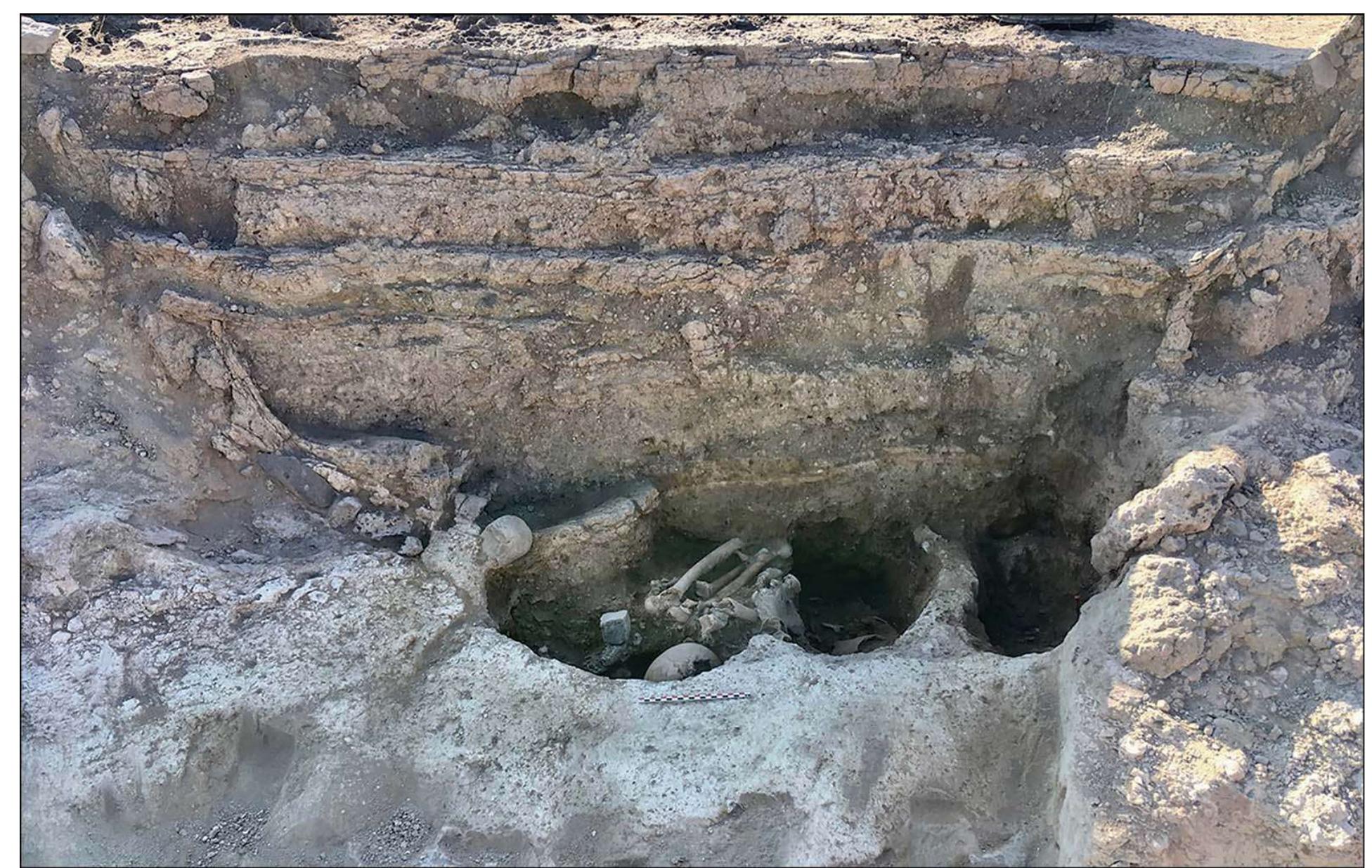 Figure 5. Cross-section of building 1 showing sub-floor burial pits and cache (photograph by Baltkl research project)  blades, as well as rejuvenation flakes, blades and tablets (Table $3). Knapping focused on pro- ducing blades and bladelets for modification, mostly into microliths. Small, exhausted blade or bladelet cores are common, often with cresting and ‘cortical’ surfaces on the back. Both uni- and bi-directional systems are evident, though none are naviform. The density and range of elements indicate intensive on-site knapping (Figure 7).  Tools (n=567) are made predominantly on blades and bladelets (Table $4). Well- 