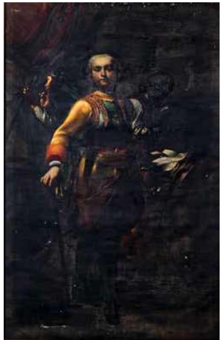 Obr. 6. Stredoeurdpsky maliar 2. polovice 19. storoCia: Portrét grofa Mikuldsa VI. Pdlffyho ako vysokého vojenského déstojnika [1734]. Neautorska sekundarna kopia (podla originalu od G. M. Crespiho z Gemaldegalerie Alte Meister, Staatliche Kunstsammlungen Dresden). SNM — Muzeum Cerveny Kamen.  Foto: Jozef Tihanyi. 