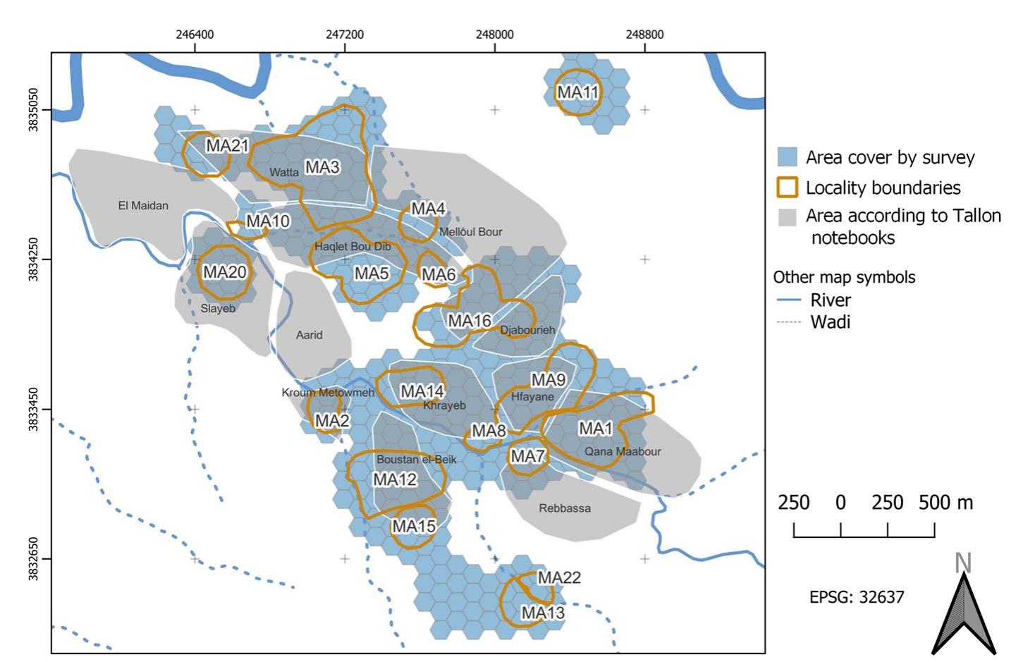 Distribution map of the surveyed areas (in blue), with the