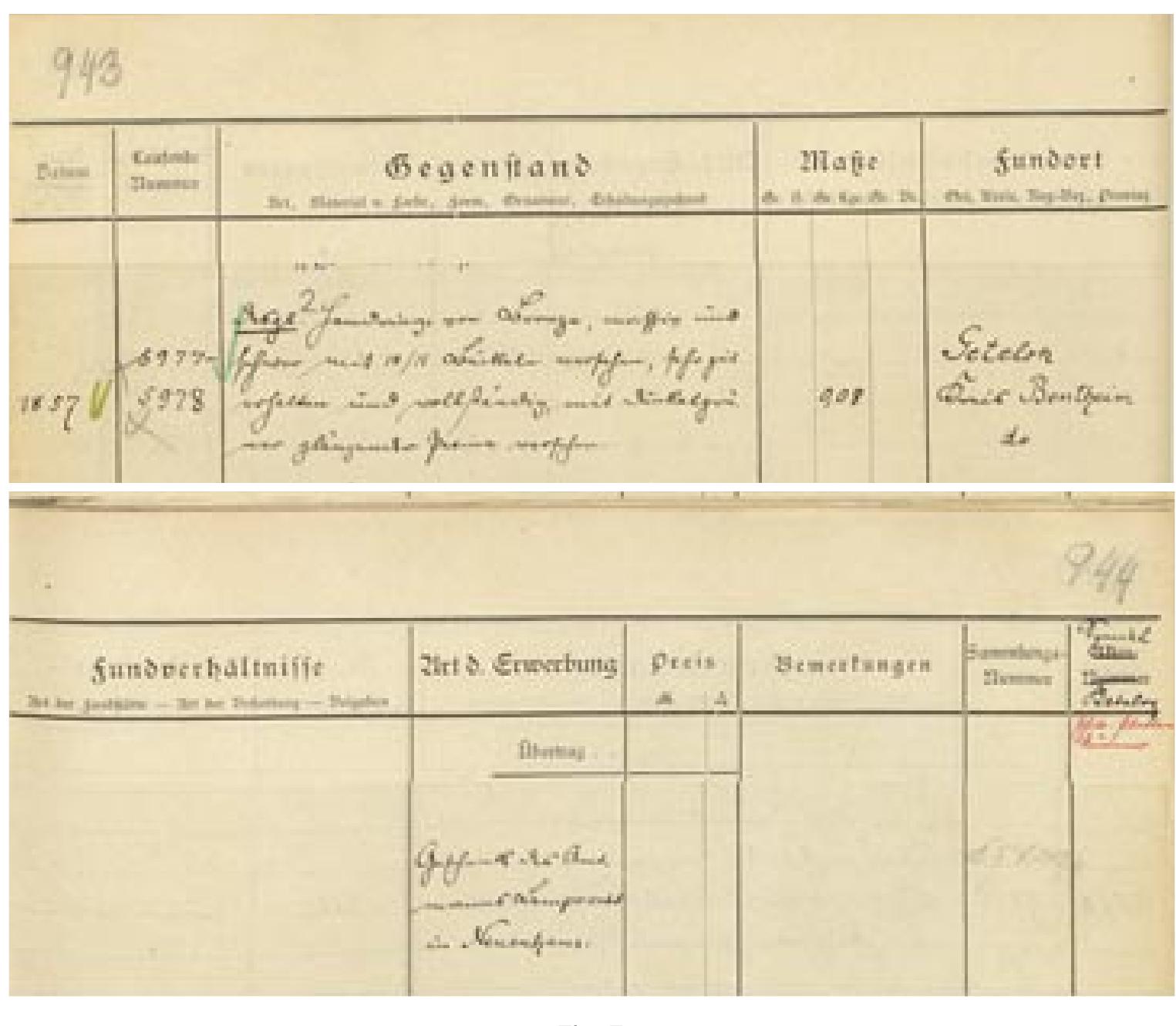 Pigs fe  Spread (split in two by the authors) from one of the Inventory books of the Landesmuseum Hannover, mentioning the find-place of the Geteloh arm rings. For convenience of the reader we omitted entries that are not relevant to this paper and placed the Geteloh entry just below the column headers (image courtesy of PD Dr. Florian Klimscha, Landesmuseum Hannover). 