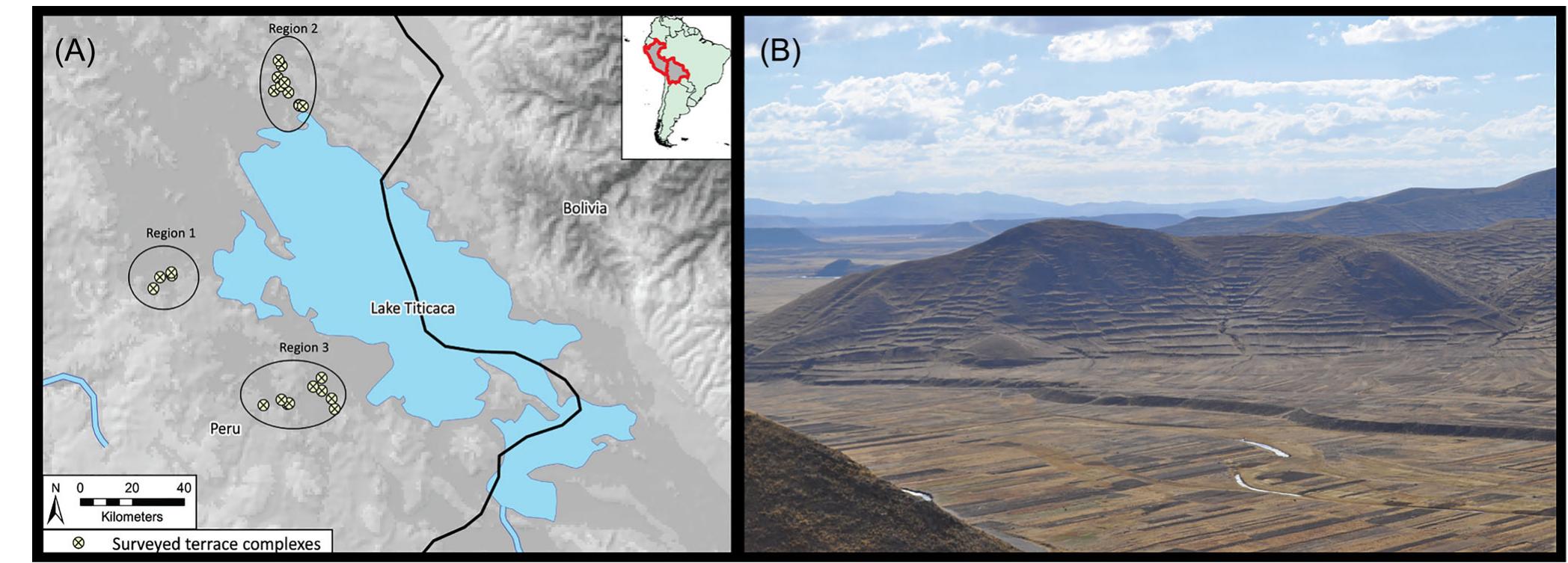 FIGURE 1 Map of the Lake Titicaca Basin depicting the three areas where pedestrian survey of terraces was carried out. The image depicts the flat treeless plain with terrace covered hillsides typical in the region (map by David Mixter and photo by BrieAnna Langlie). 