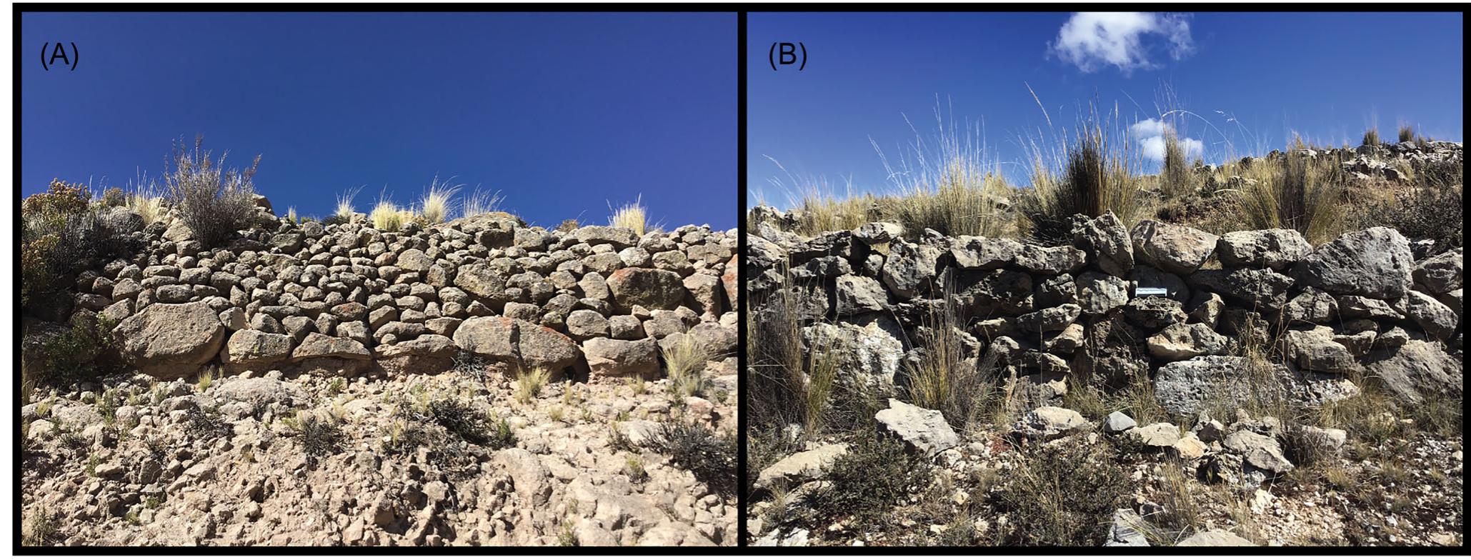FIGURE 3 __ Images depict two types of terrace riser masonry identified in the northern Lake Titicaca Basin: (A) worked and neatly stacked stone masonry, and (B) typical unworked, loosely stacked stone masonry (photos courtesy of BrieAnna Langlie). 