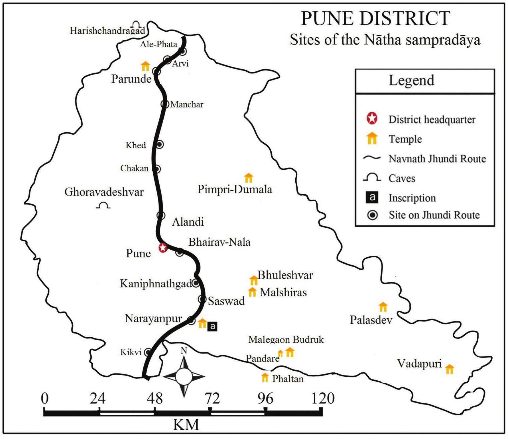 Fig. 1: Map of Pune District  The Hanumana temple, Malshiras (18°24’ 31.19” N, 74°14’ 03.02” E)  Malshiras is located 49 km east of Pune city and very close to the Bhulesvara temple. There is around hundred years old Hanumana temple, which consists of four pillars of c. 13th century CE. The pillars have been reused in renovated work of the temple. In one of the pillars out of four at the centre in the rectangular frame is a panel depicting Kanha (Kaniphanatha) and Yogini Bahudi with their disciples.   >  There is also a temple of ‘Bhekarai Mata in Hadapsar. It seems that there could be a possible association of the name of ‘Hadap-sar’ with Jalandharanatha, as his alternative name is ‘Hadipa’. The shrines of Gurii-Sisya appear to be relatively close to each other in Natha sampradaya. Therefore in the name Hadpa-sar, ‘Hadipa’ can be considered another name of ‘Jalandhara’ and the meaning of ‘Sar’ could be considered as ‘lake’, which means ‘lake of Jalandhara’. (There is also a lake near Hadapsar, now known as Mastani Talav) It is likely that the name ‘Hadapsar’ came from this origin.  There is also a temple of ‘Bhekarai Mata’ 