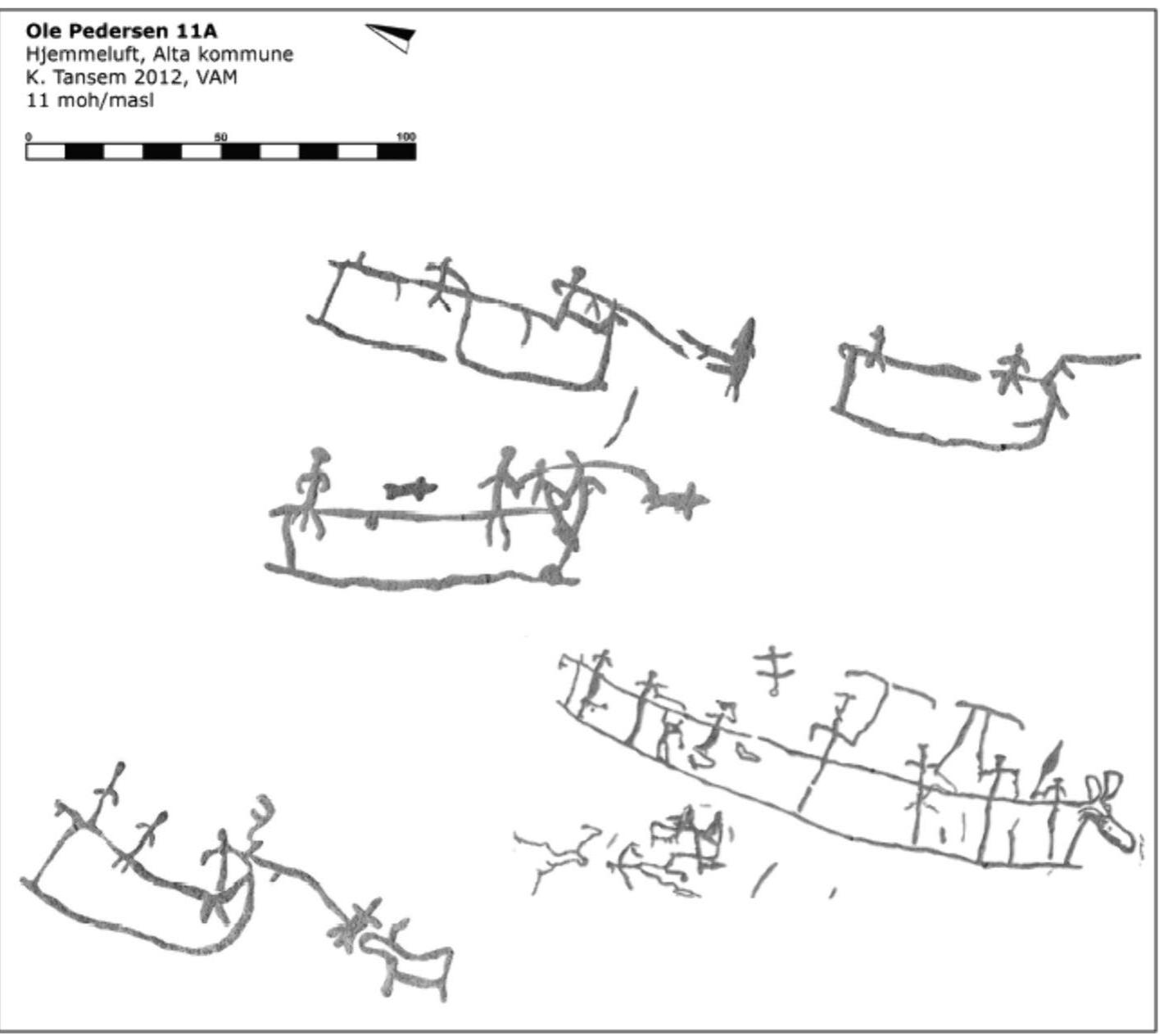 Fig.6 Carvings of possible skin boats from the Ole Pedersen 11A panel of the Alta rock Carvings, Norway Tracing credited to Karin Tansem, Verdensarvsenter for bergkunst—Alta Museum 