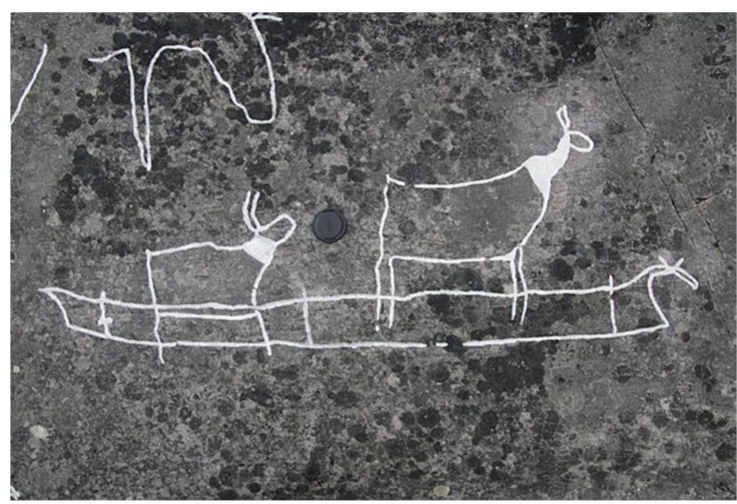 Fig. 7 Rock art Image of potential skin boat transporting two reindeer. Photo credited to Martin Kristoffer Hykkerud. Photo from the Verdensarvsenter for Bergkunst—Alta Museum 