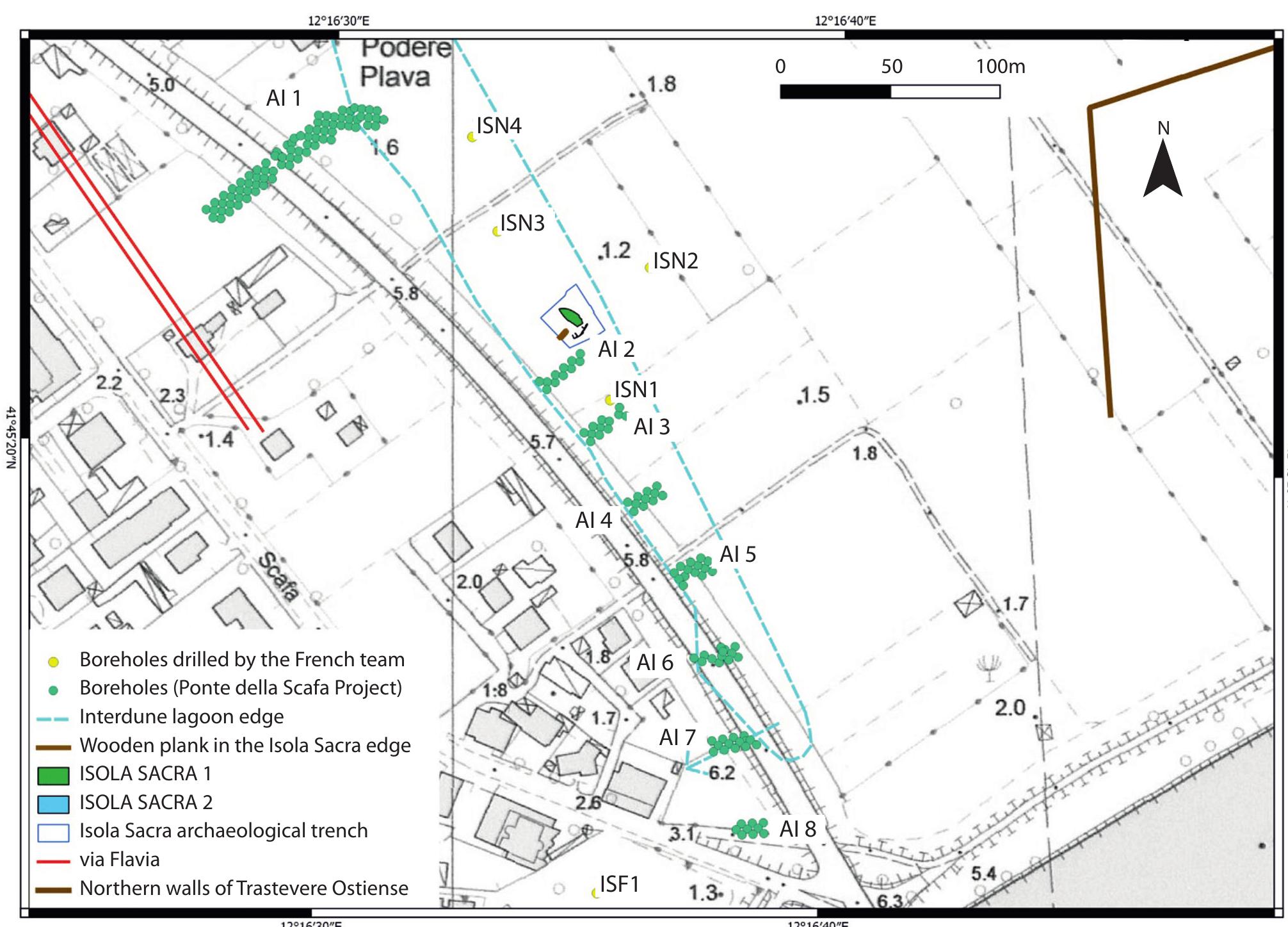 Figure 5.3. Detailed map of the area investigated in 2017 by 160 geotechnical boreholes in anticipation of the construction of the new Ponte della Scafa. (Drawing: Carlo Rosa and Alessandra Ghelli.) 