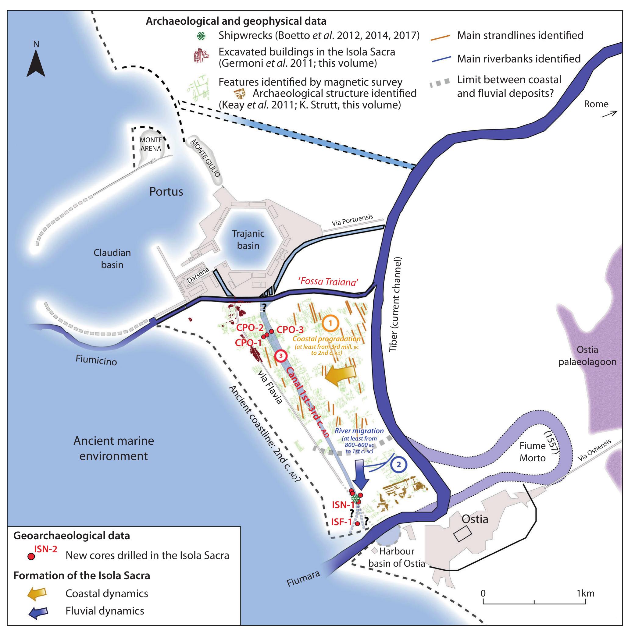 Figure 5.7. Main phases in the formation of the Isola Sacra. (Drawing: Ferréol Salomon.) 