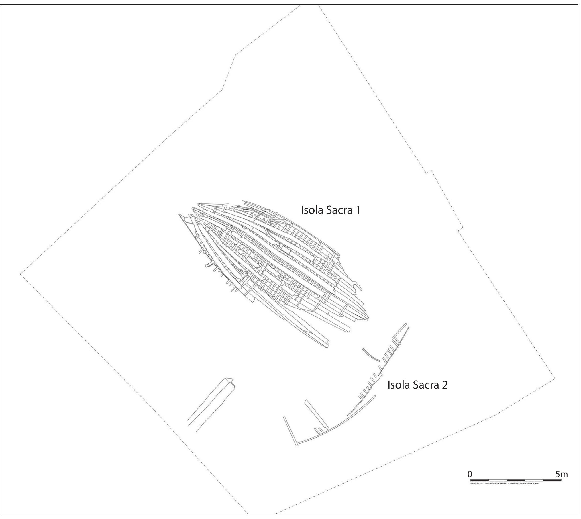 Figure 5.8. The excavation area with the position of the Isola Sacra | and 2 shipwrecks, and the timber. (Survey and Drawing: G. Luglio.) 