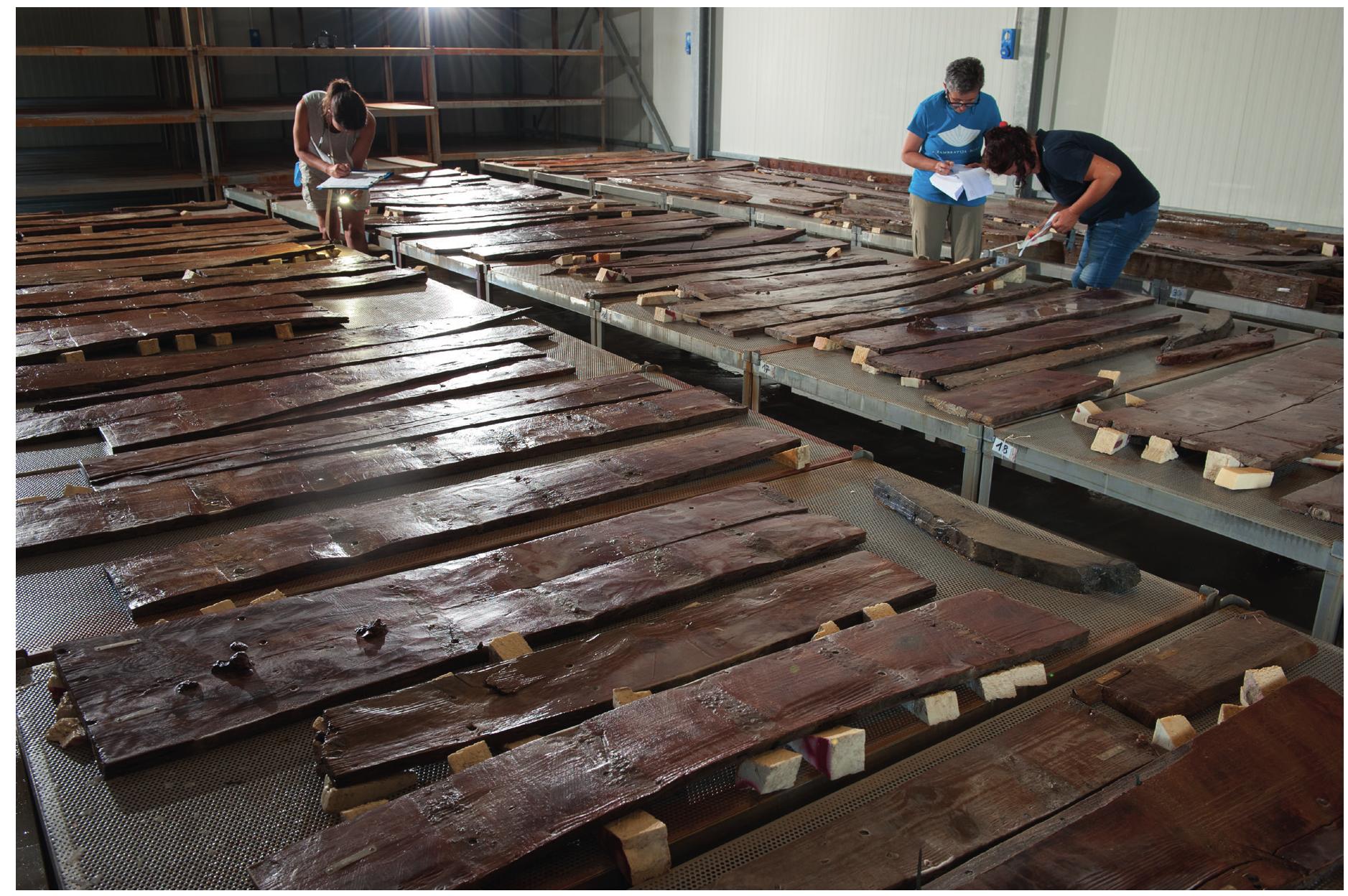 Figure 5.11. The pieces of the strakes on the stainless supports within the storage facility at Ostia. The wood is conserved with a high degree of humidity on account of an irroration system. (Photograph: L. Damelet, Aix Marseille University, CNRS, Centre Camille Jullian.) 