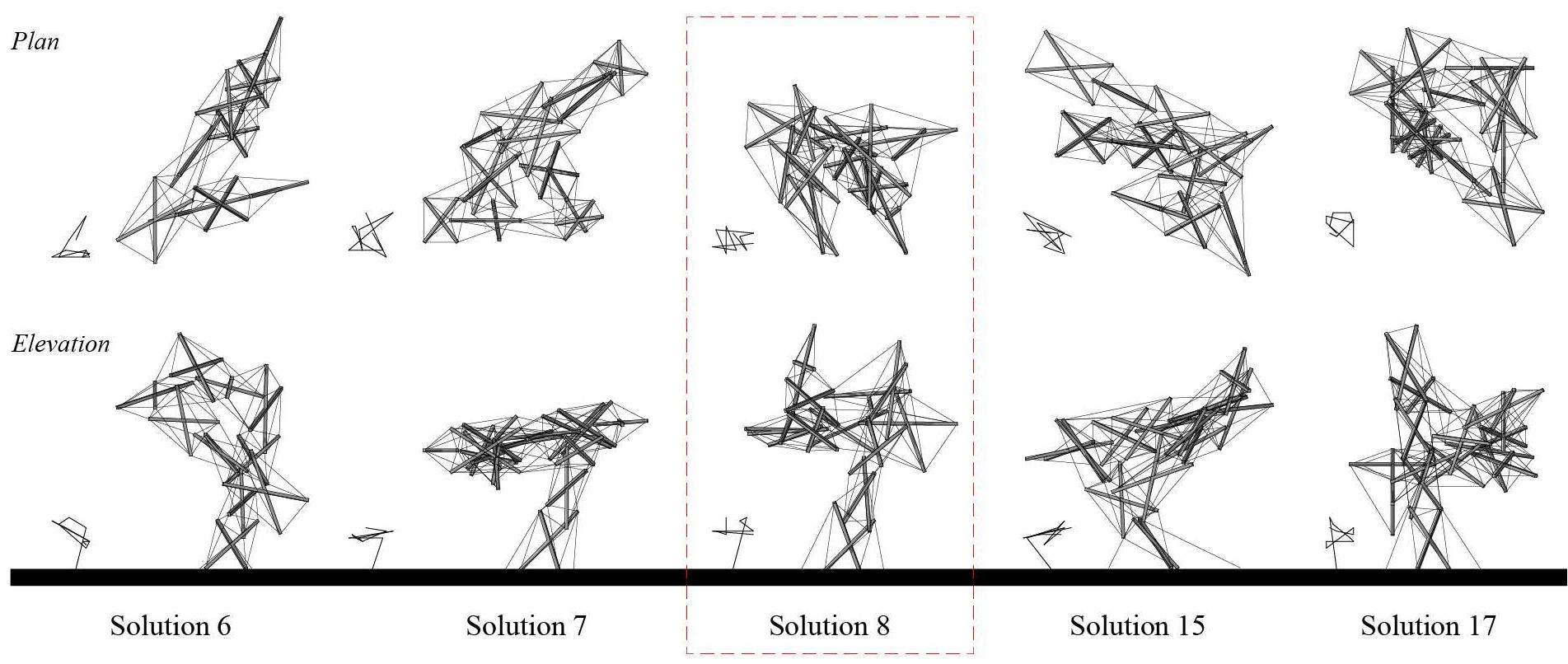 Figure 3: Tensegrity configurations developed from the AI visual abstractions 6, 7, 8, 15 and 17 (Modelling: G. Mirra; Editing: M. Mack] 