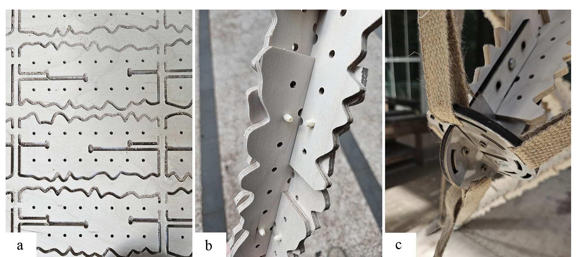 Figure 5: Strut design and construction: (a) Fabrication of subcomponents; (b) Assembly and overlapping of subcomponents; (c) Joint design [Photographs: J. Halls]  Proceedings of the IASS Symposium 2024 Redefining the Art of Structural Design 