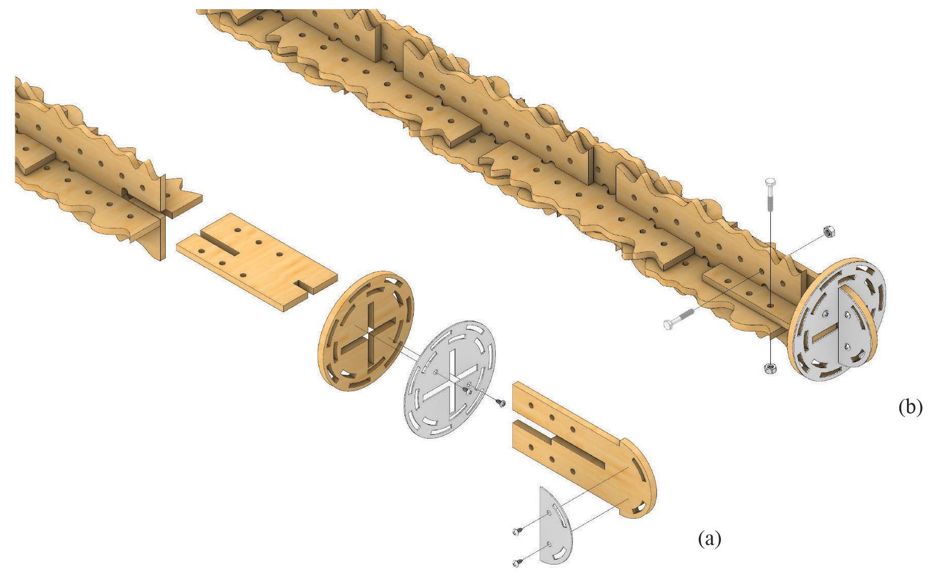 We designed the end detail for all struts using a steel plate with slots designed to suit the flat section of the jute webbing and using the orientation of the struts to track the vector alignment. We made these end details from the same plywood as the struts and Imm stainless steel face plates to enhance the rigidity of the tensioner connection points (Figure 6). With these end details, we assembled the prototype within a short time frame and with minimal deviation from the digital model (Figures 7a and 7b).  Figure 6: Isometric views of the strut end detail [Modelling: M. Mack, J. Halls; Editing: J. Halls] 