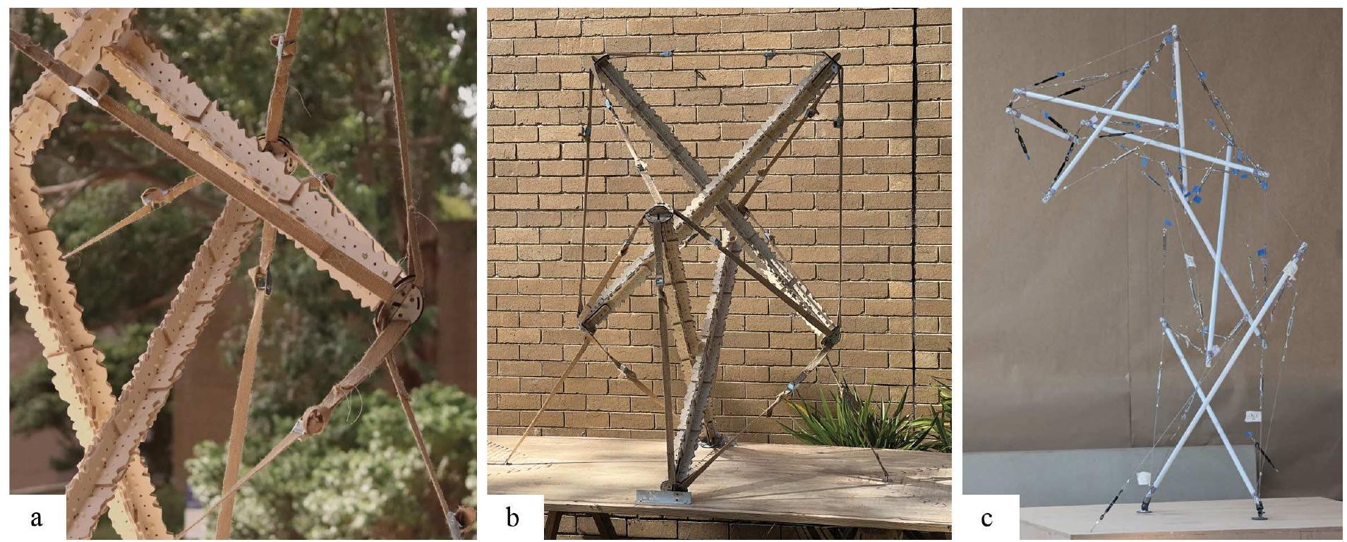 Figure 7: Prototype photos: (a) Detailed view of the full-scale prototype; (b) The full-scale prototype [Photographs: A. Pugnale]; (c) The 1:2 scale model with four kite modules [Photograph: M. Mack]  We then made a 1:2 scale model consisting of four modules out of the twelve originally designed, made of steel cables, turnbuckles, steel round tubes and 3D-printed strut ends (Figure 7c). This test was essential to optimise ground assembly through labelling and diagrams depicting the exact position and connection of each element. The scale model was positioned and stabilised in about 5 hours. The validation of the structural design and optimisation of component preparation that followed this assembly test has proved the feasibility of the final pavilion. It also demonstrated the reliability of the FloaTree as an integral, flexible and adaptable system, where struts and cables can be designed in different ways to adapt to wildlife response, costs, materials availability and longevity. 