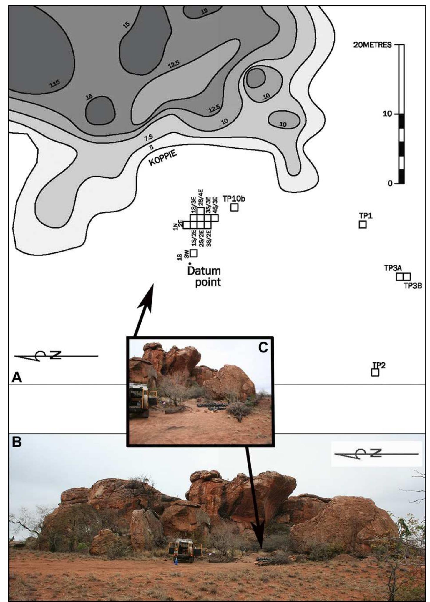Fig. 2. Kudu Koppie site plan in relation to adjacent koppie (A), photo of Kudu Koppie (B), photo showing main excavation area (C). 